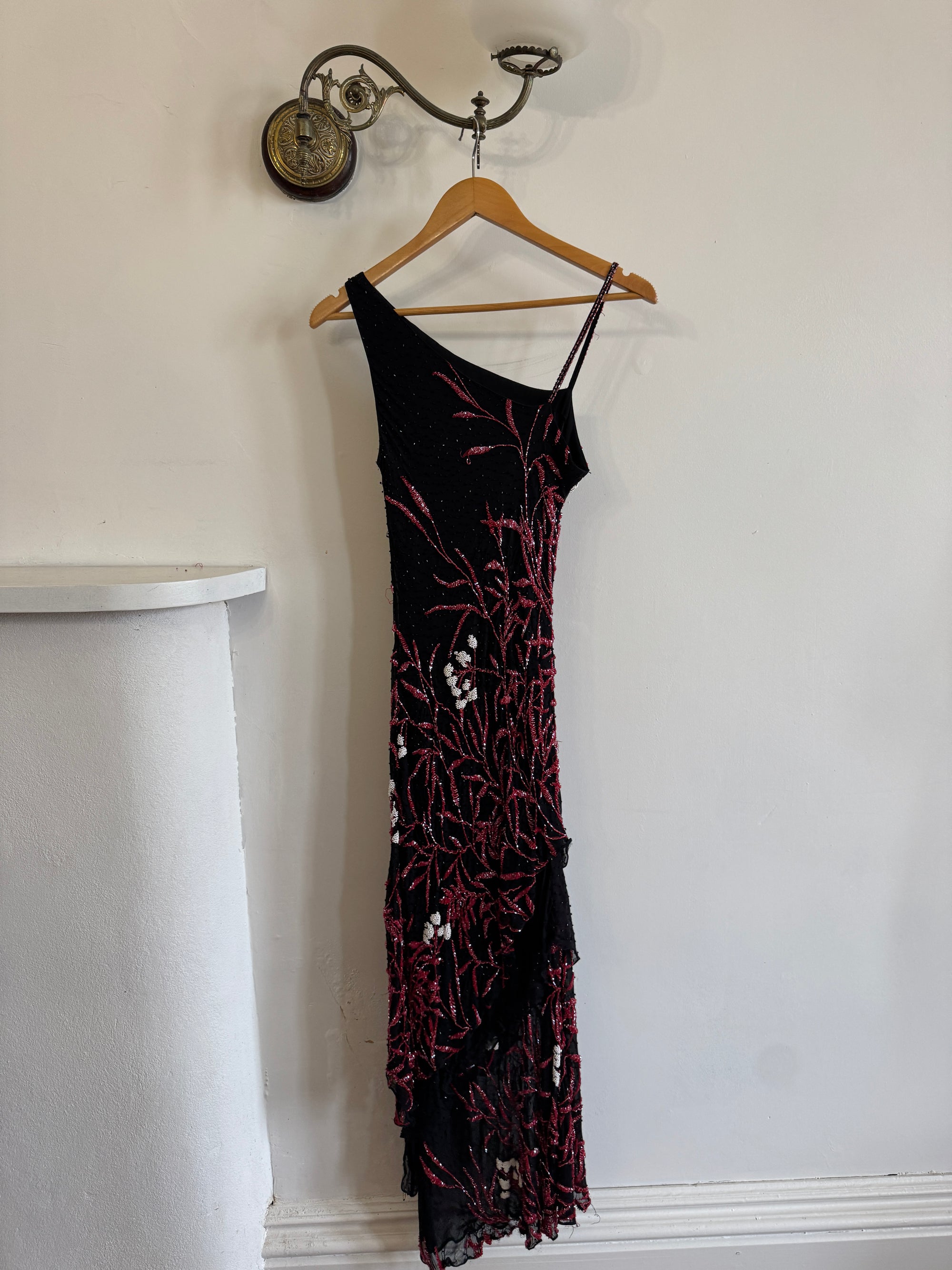 Vintage 90s Beaded Asymmetrical Evening Dress Red Vine