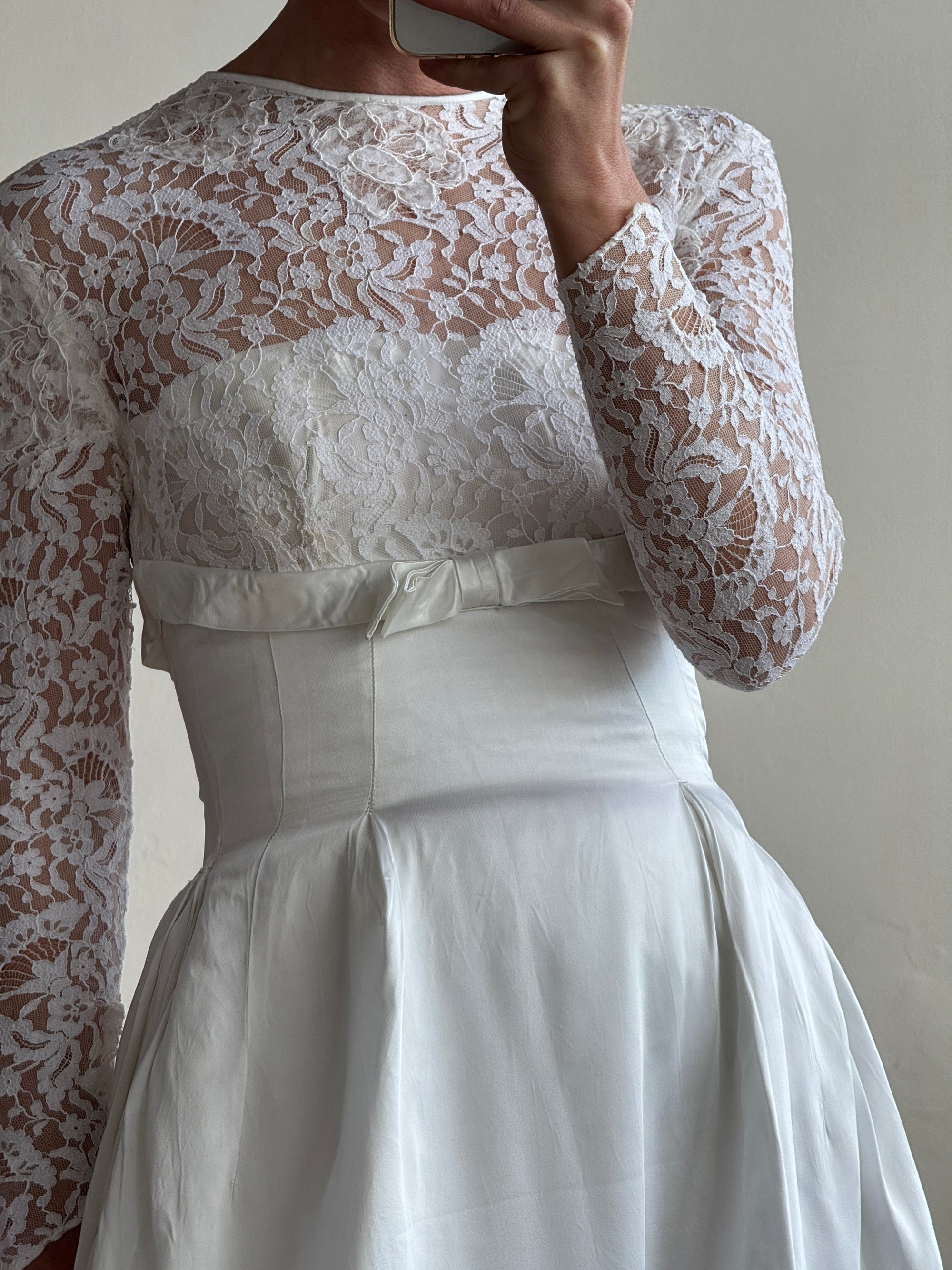 Vintage 50s Reworked Lace Long Sleeve Satin Wedding Gown With Bow
