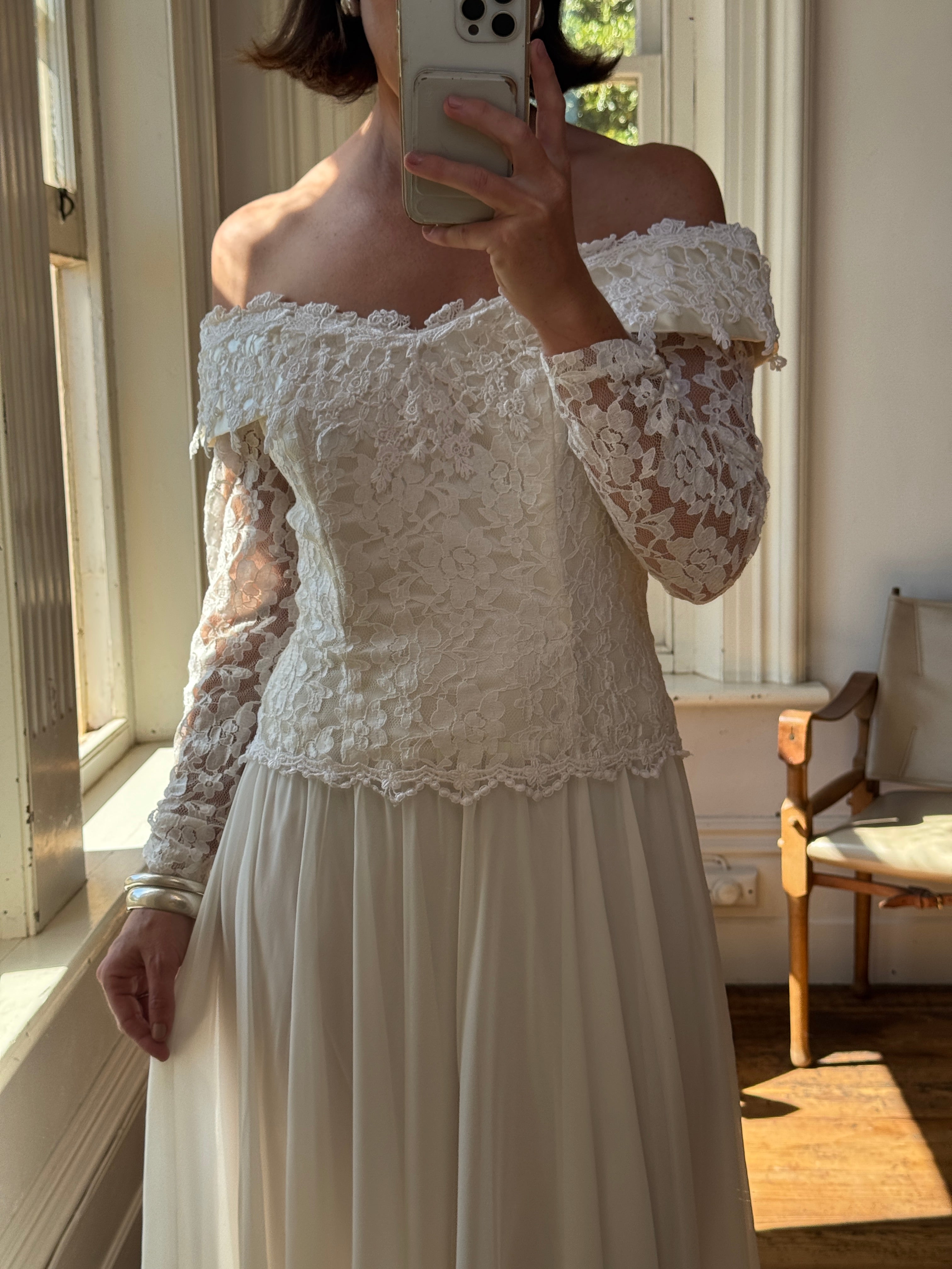 Vintage 90s Lace Off The Shoulder Chiffon Wedding Dress