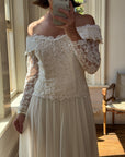 Vintage 90s Lace Off The Shoulder Chiffon Wedding Dress