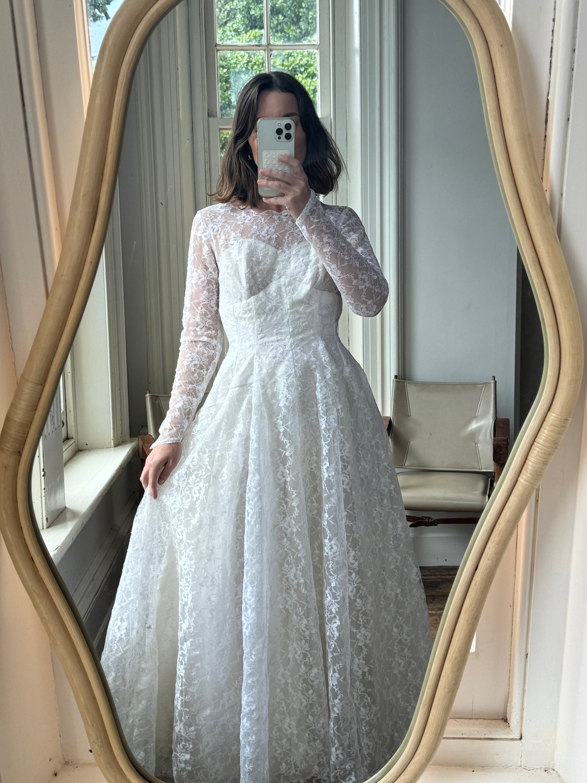 Vintage 50s Long Sleeved Princess Lace Bridal Gown