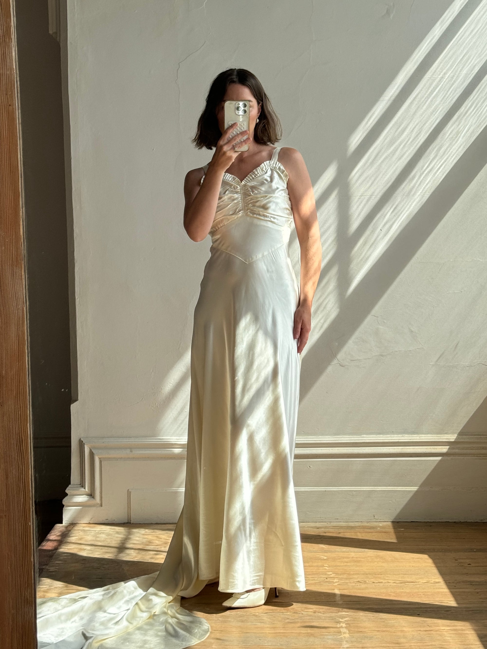 Vintage 30s Creme Liquid Satin Dress with Train and Jacket