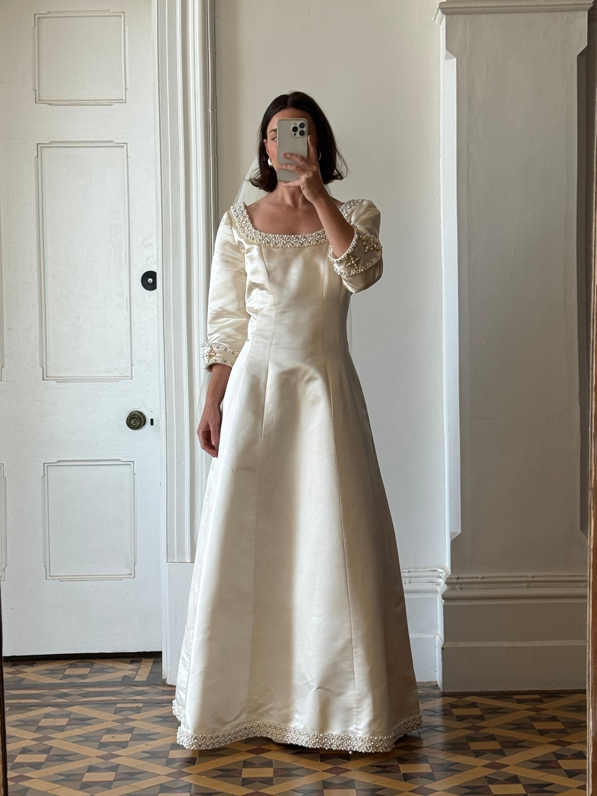 Vintage 90s Pure Silk Satin Baroque Scoop Neck Wedding Gown and Veil