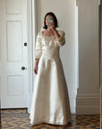 Vintage 90s Pure Silk Satin Baroque Scoop Neck Wedding Gown and Veil