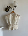 Vintage Y2K Organza V Neck Pearl Embellished Top Creme