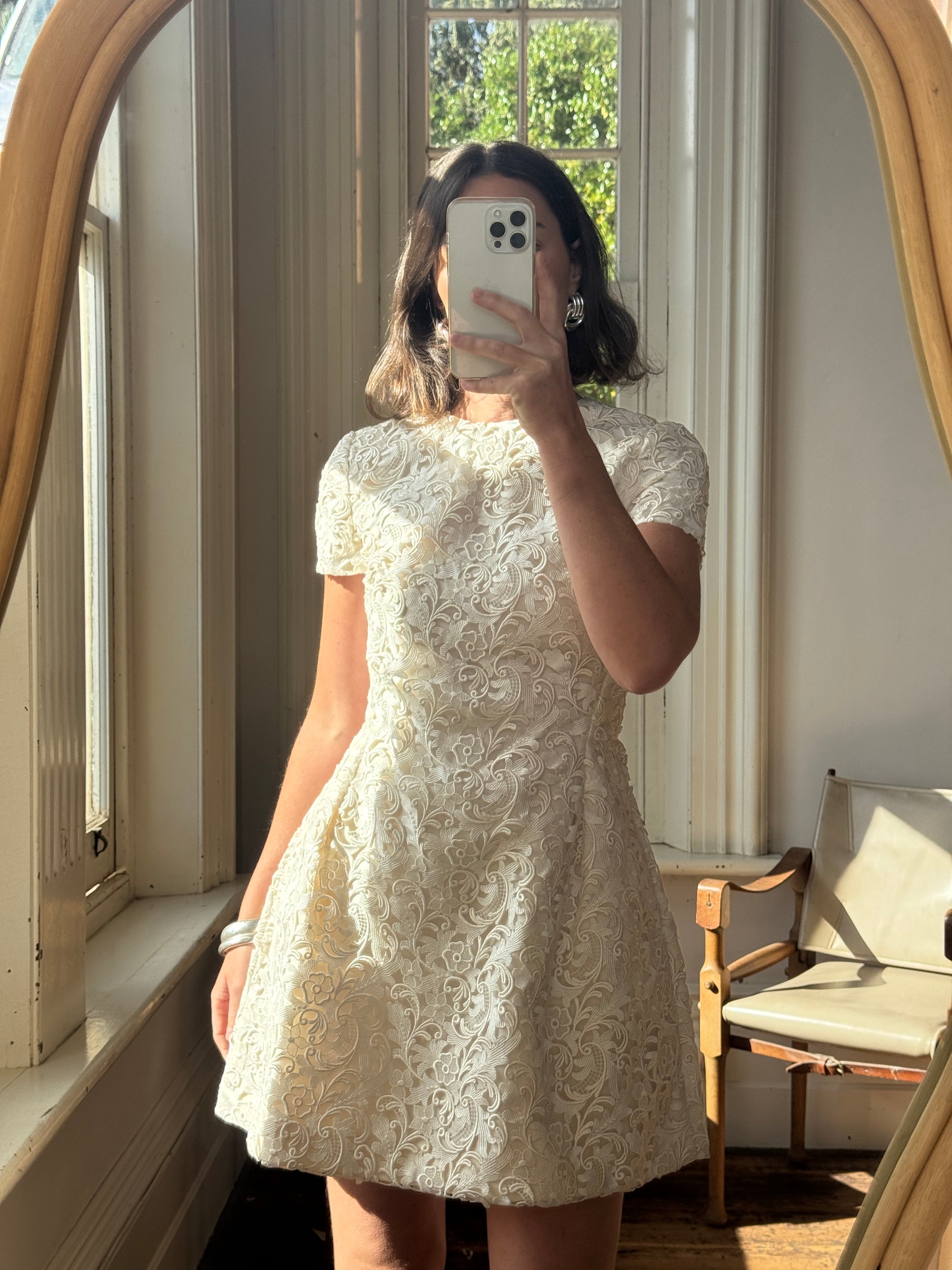 Vintage 90s Christian Dior Guipure Lace Structured Bridal Mini Creme