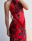 Vintage Y2K Burnt Velvet Beaded Fringe Halter and Skirt Set Crimson