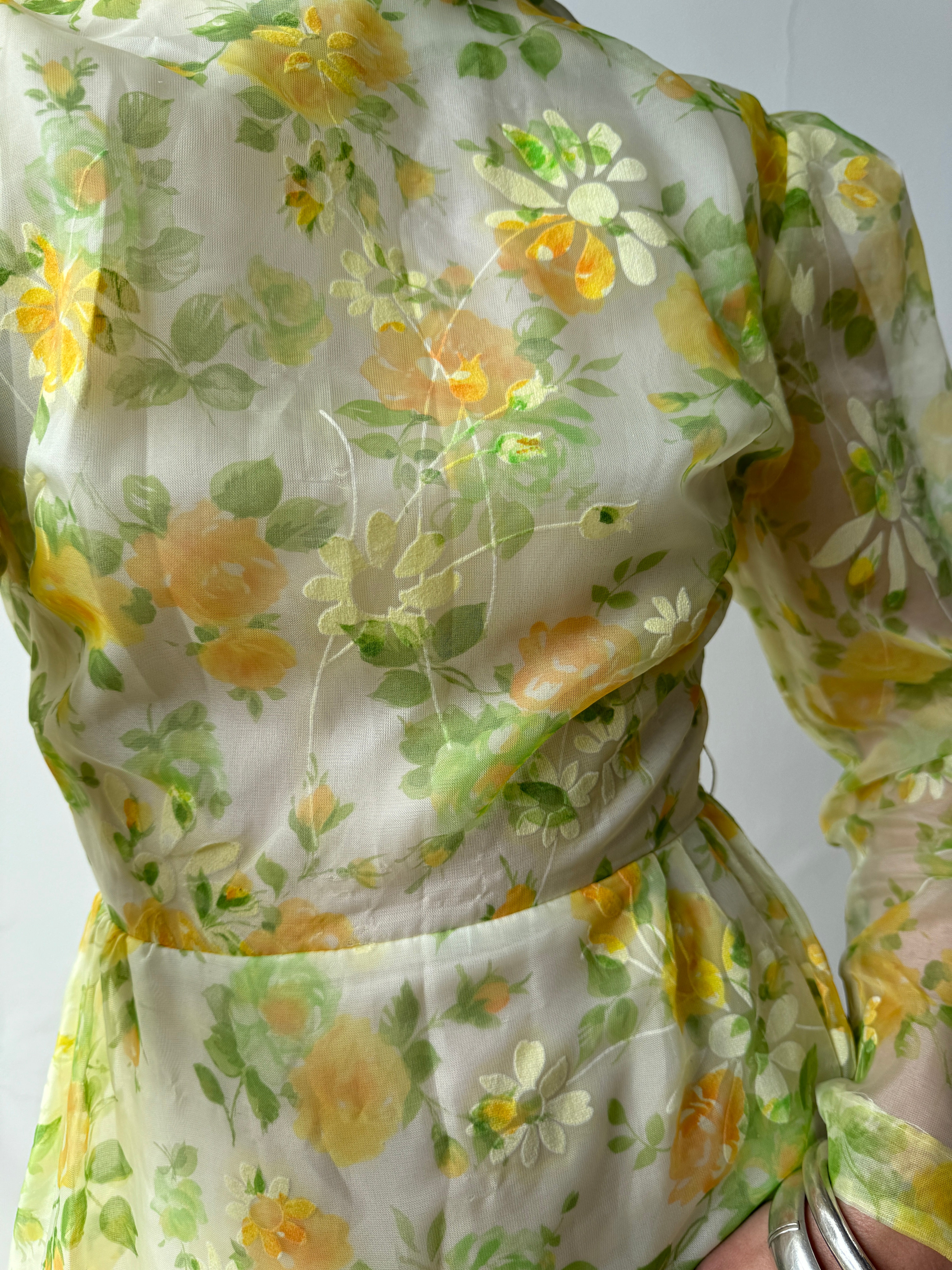 Vintage 70s Lemon Floral Tiered Maxi Dress