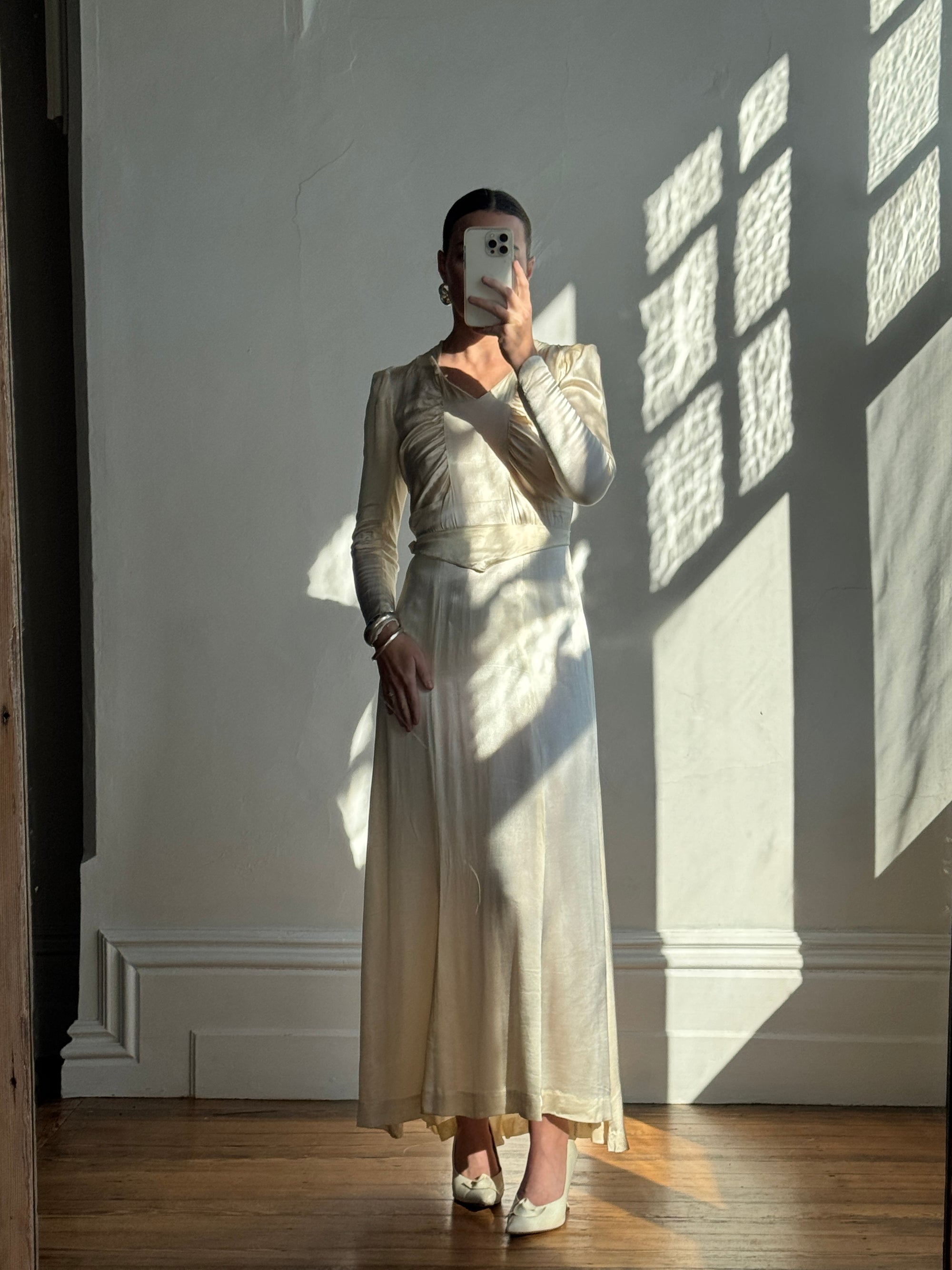 Vintage 40s Liquid Satin Classic Bridal Midi With Bows