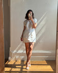 Vintage Ivory Satin Keyhole Embroidered Bridal Mini Dress