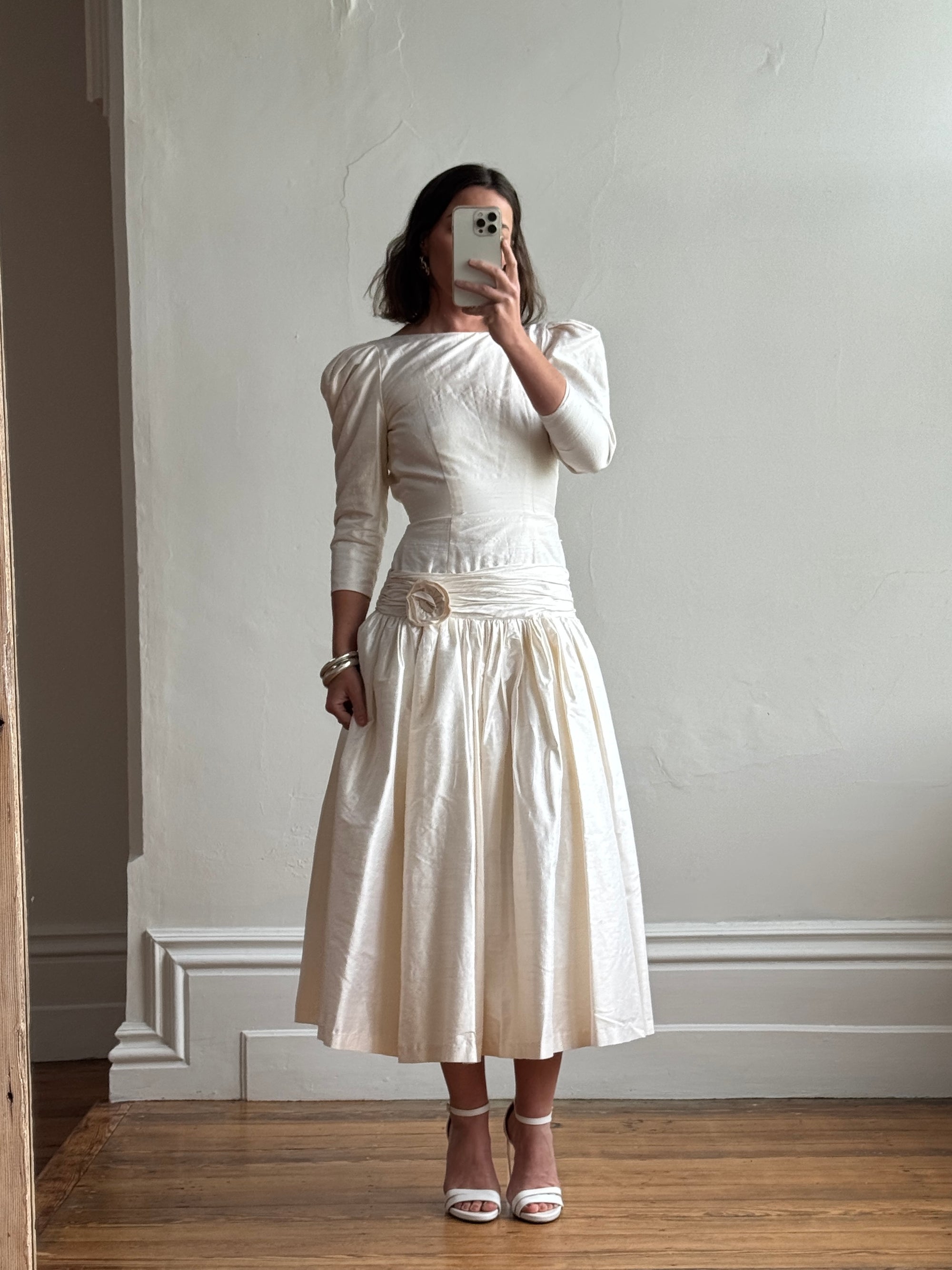 Vintage 80s Pure Silk Drop Waist Bridal Midi