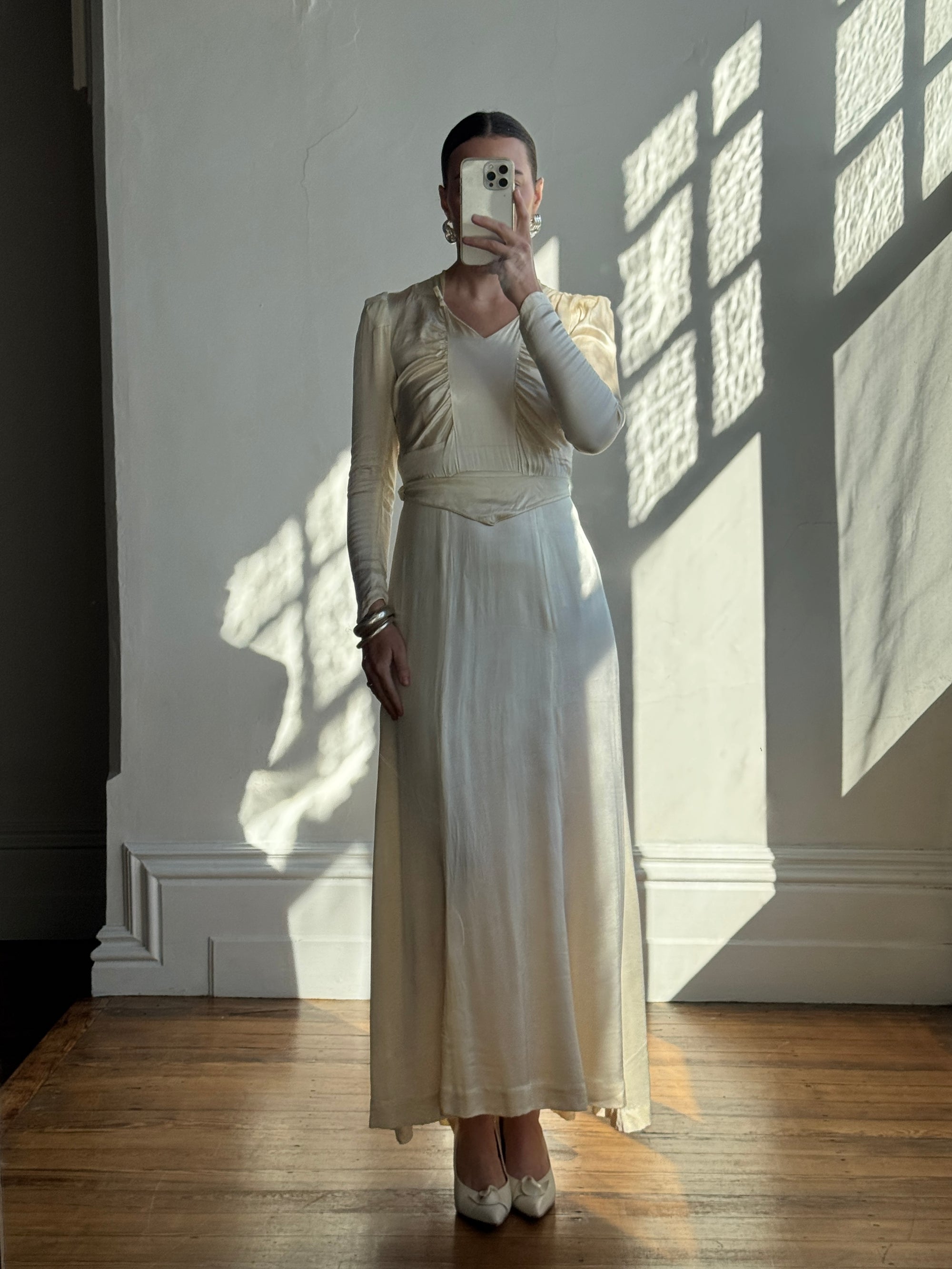 Vintage 40s Liquid Satin Classic Bridal Midi With Bows