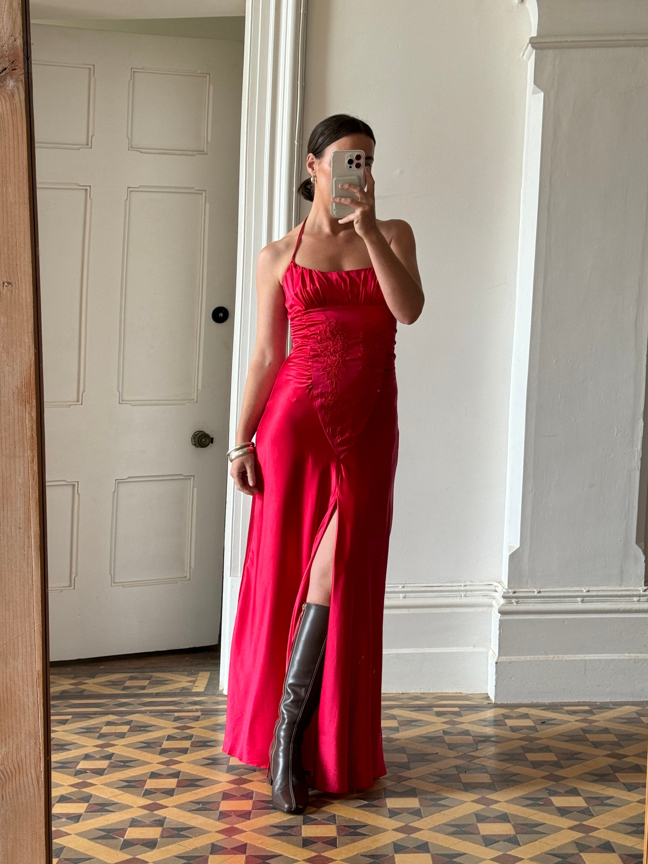 Vintage 90s Pure Silk Beaded Halter Gown Lipstick Red