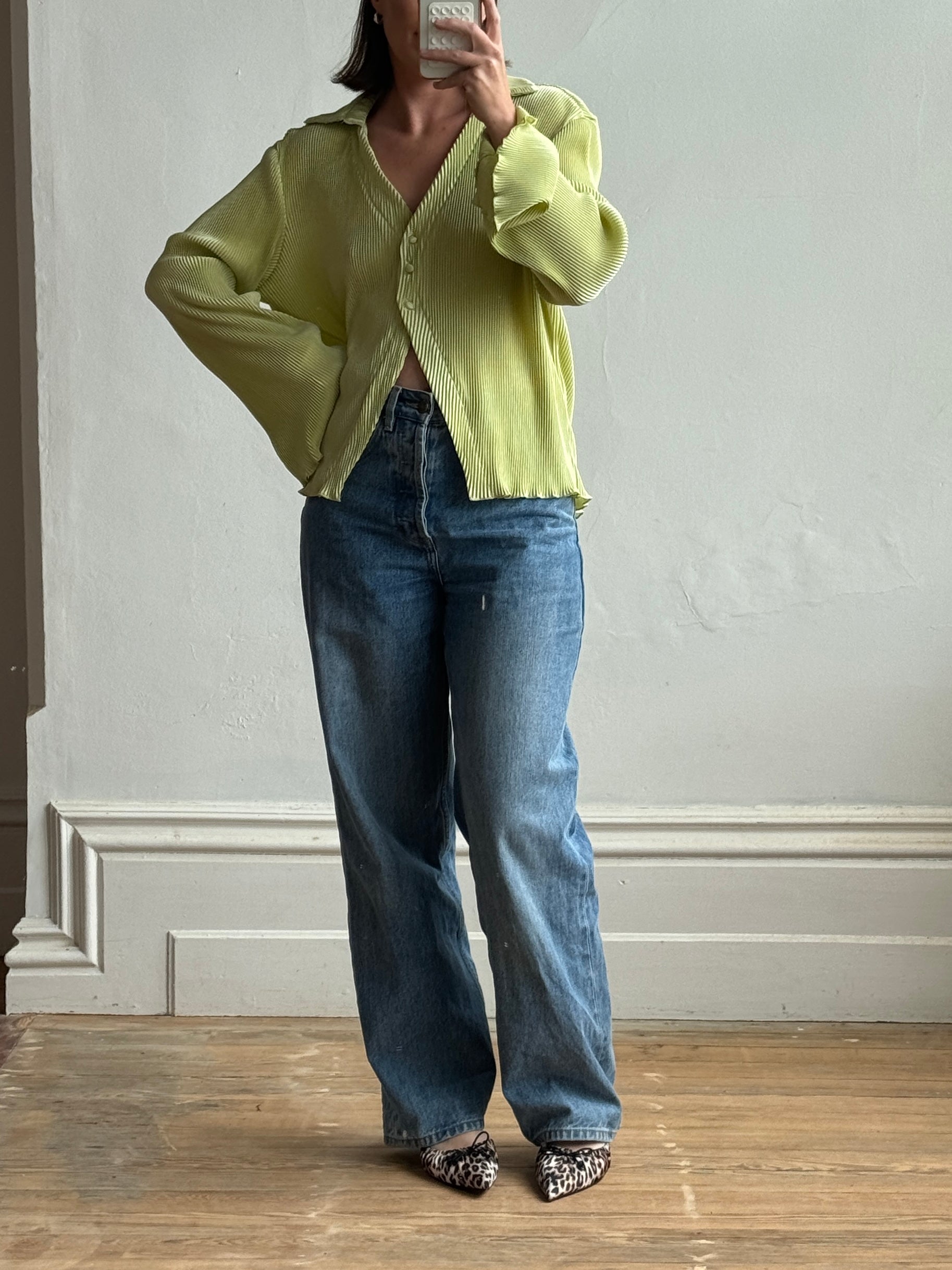 Vintage 90s Lime Pleated Button Up Blouse
