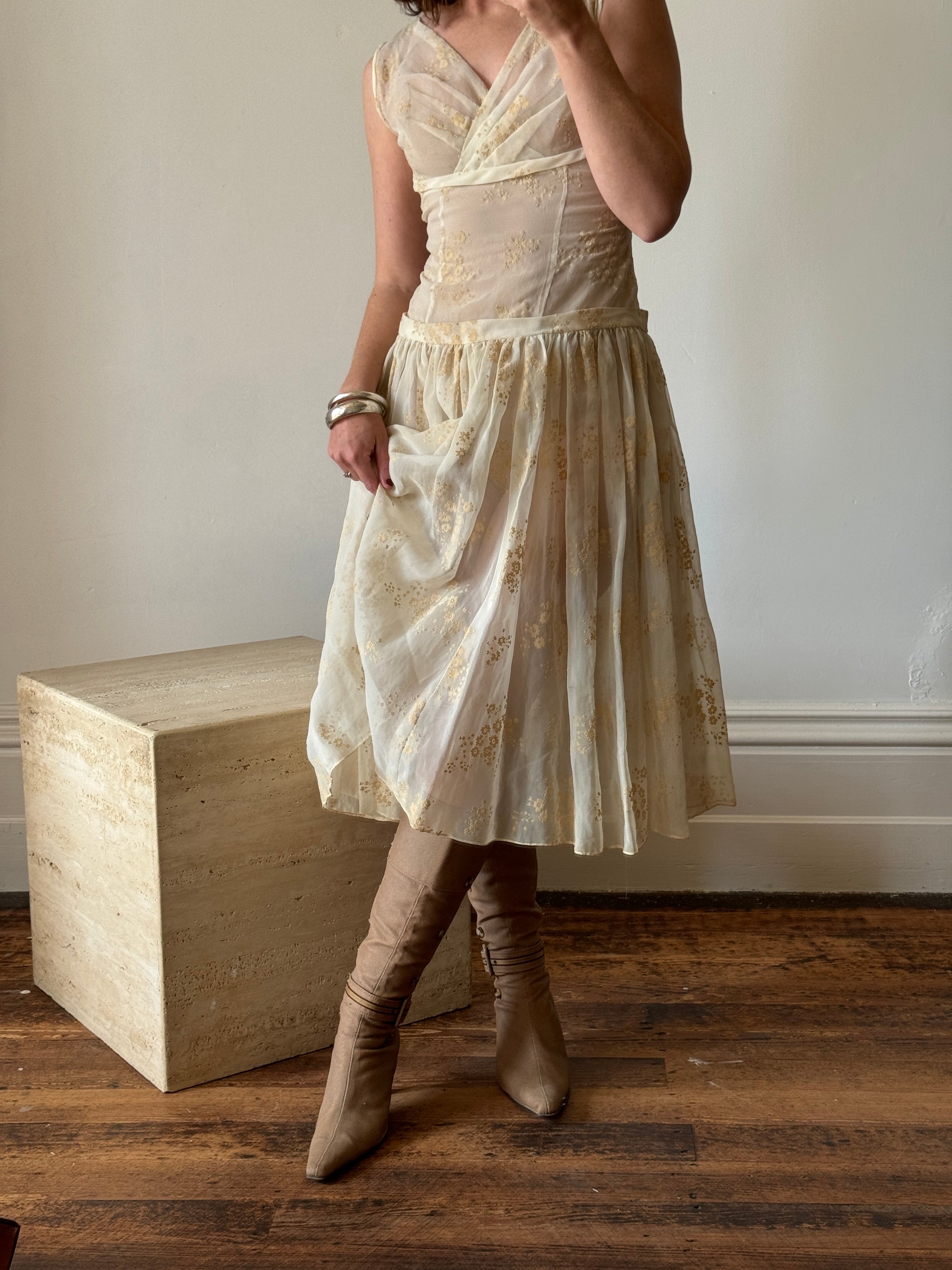 Vintage 50s Flocked Nylon Organza Drop Waist Dress Creme Brulee