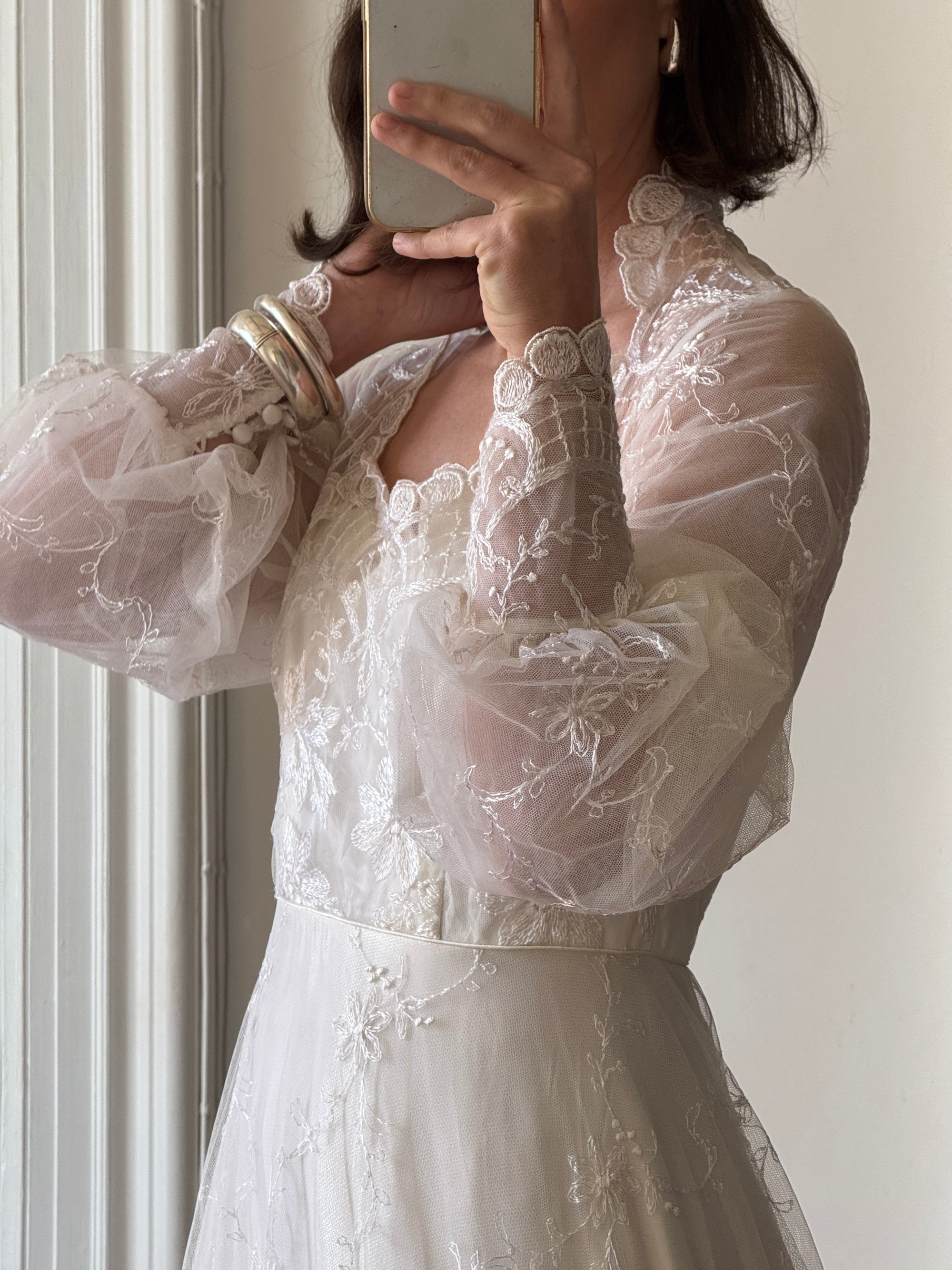 Vintage 70s Embroidered Prairie Long Sleeved Wedding Gown