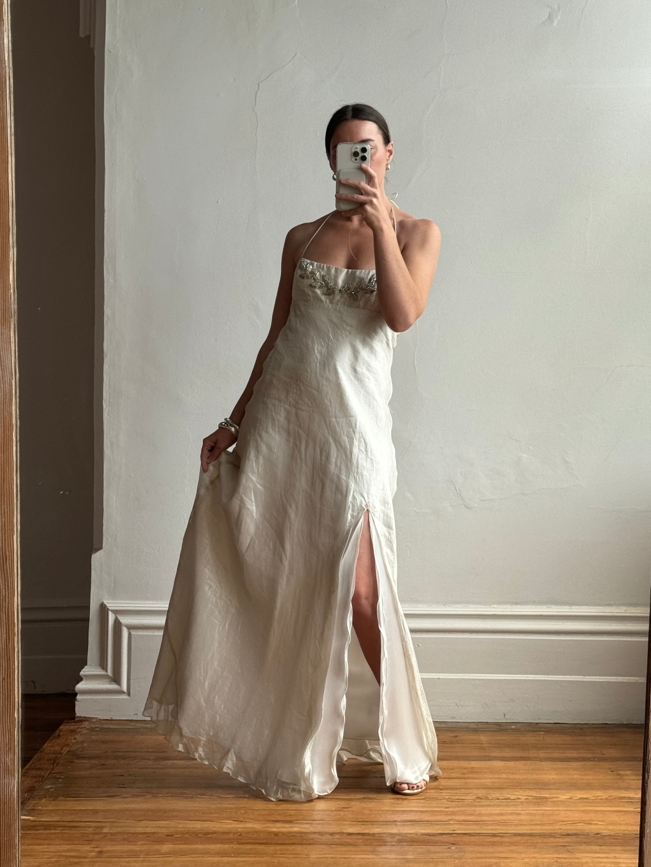 Vintage 90s Pure Silk Stripe Organza Empire Dress With Leaf Beads