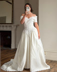 Vintage 90s Embellished Off Shoulder Satin Wedding Gown
