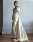 Vintage 90s Silk Rosette Off Shoulder Gown With Bow Train