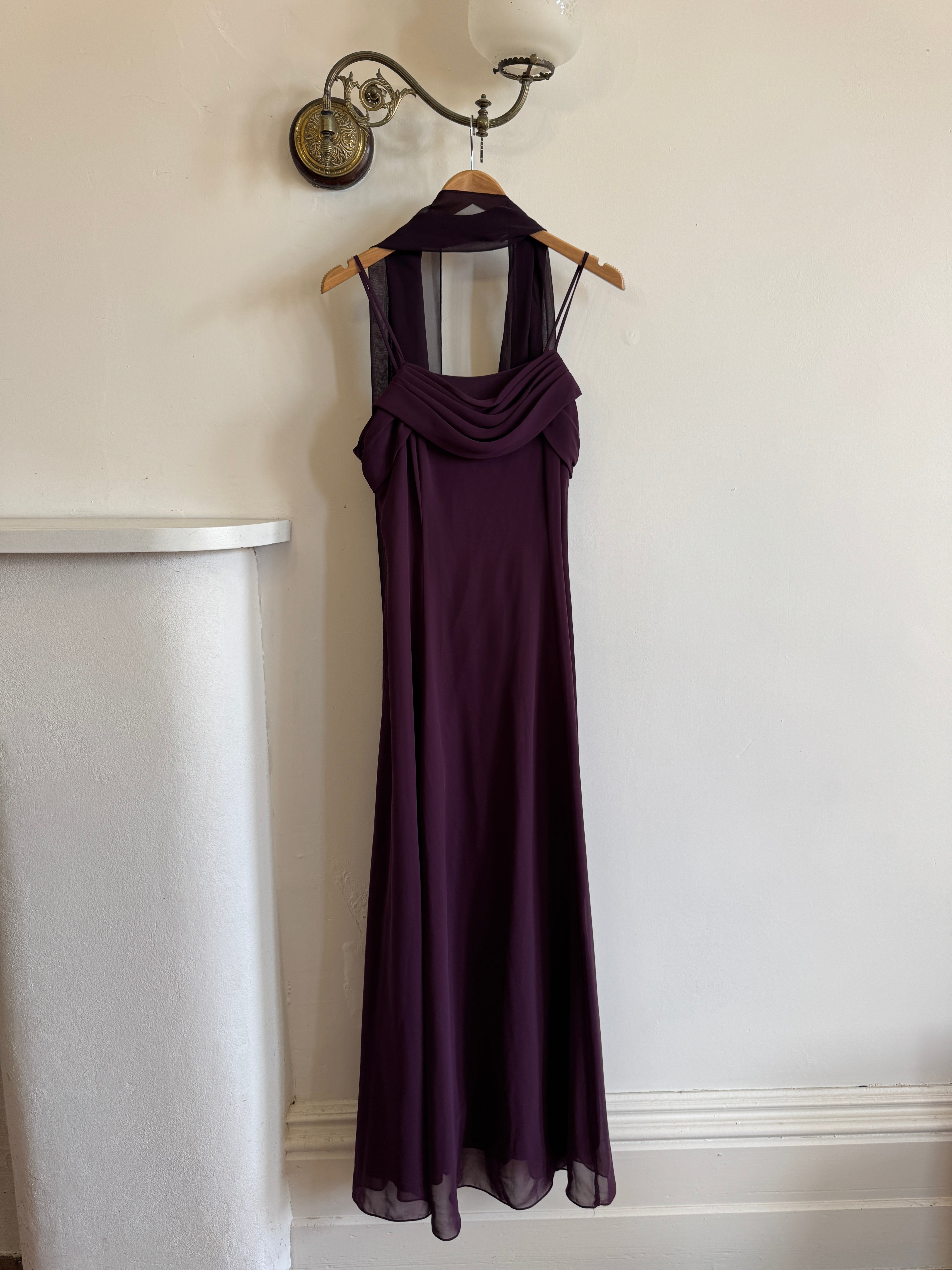 Vintage 90s Eggplant Cowl Neck Dress With Scarf