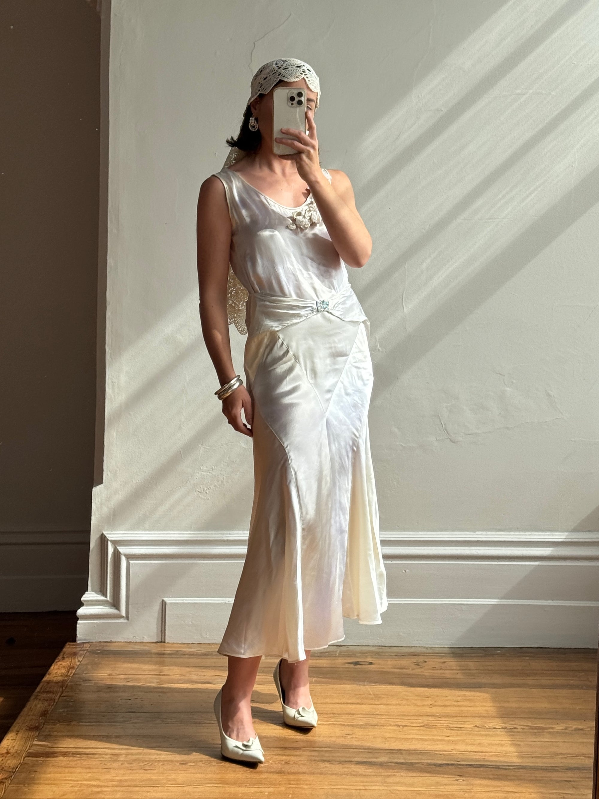Vintage 30s Satin Bias Belted Bridal Midi