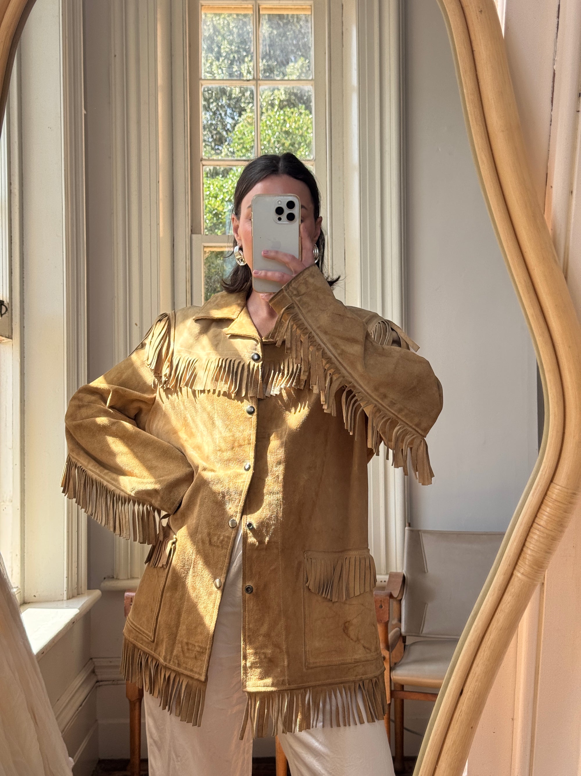 Vintage 70s Western Fringe Suede Leather Jacket Tan