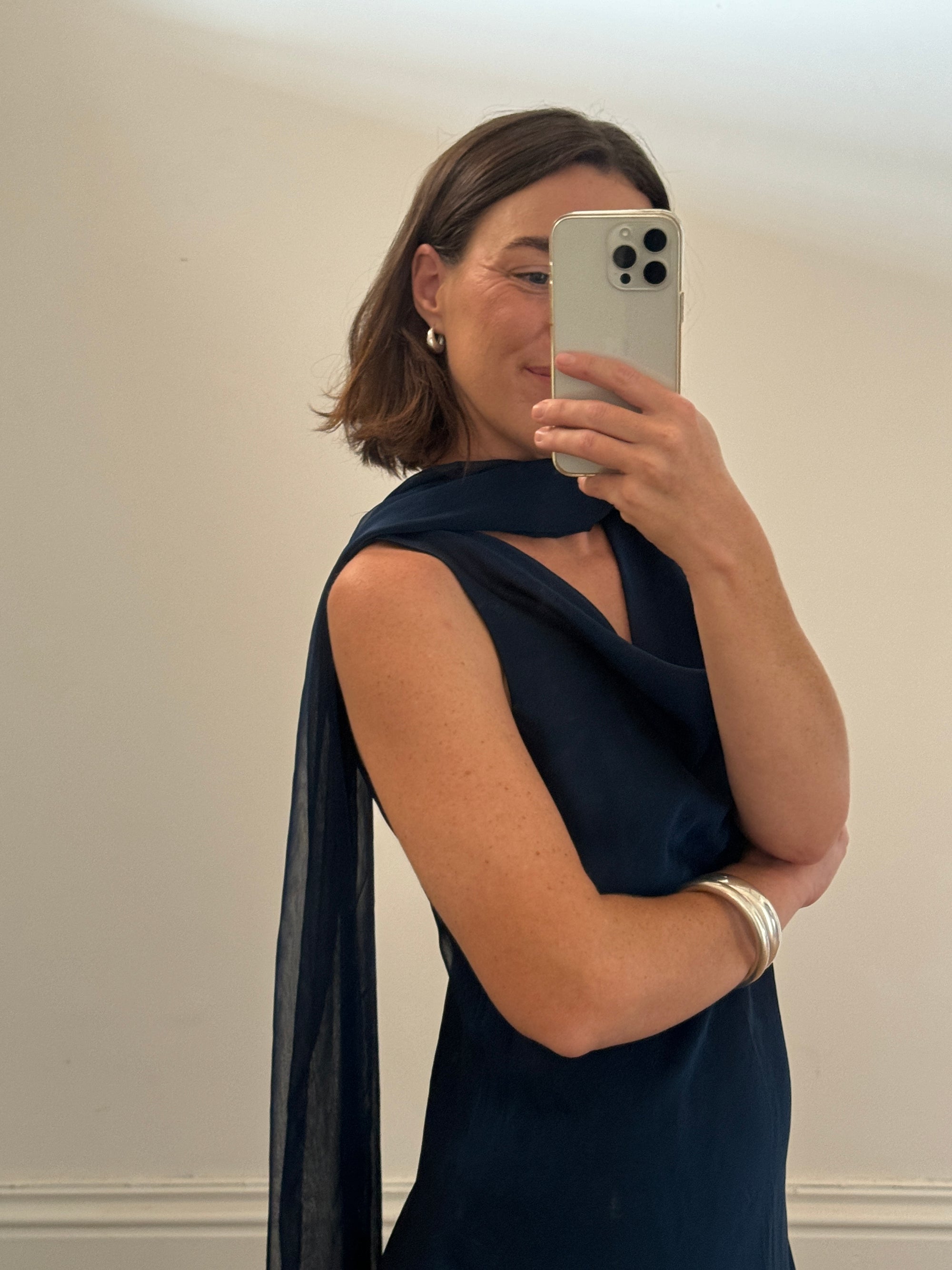 Vintage 90s Navy Cowl Neck Dress with Scarf