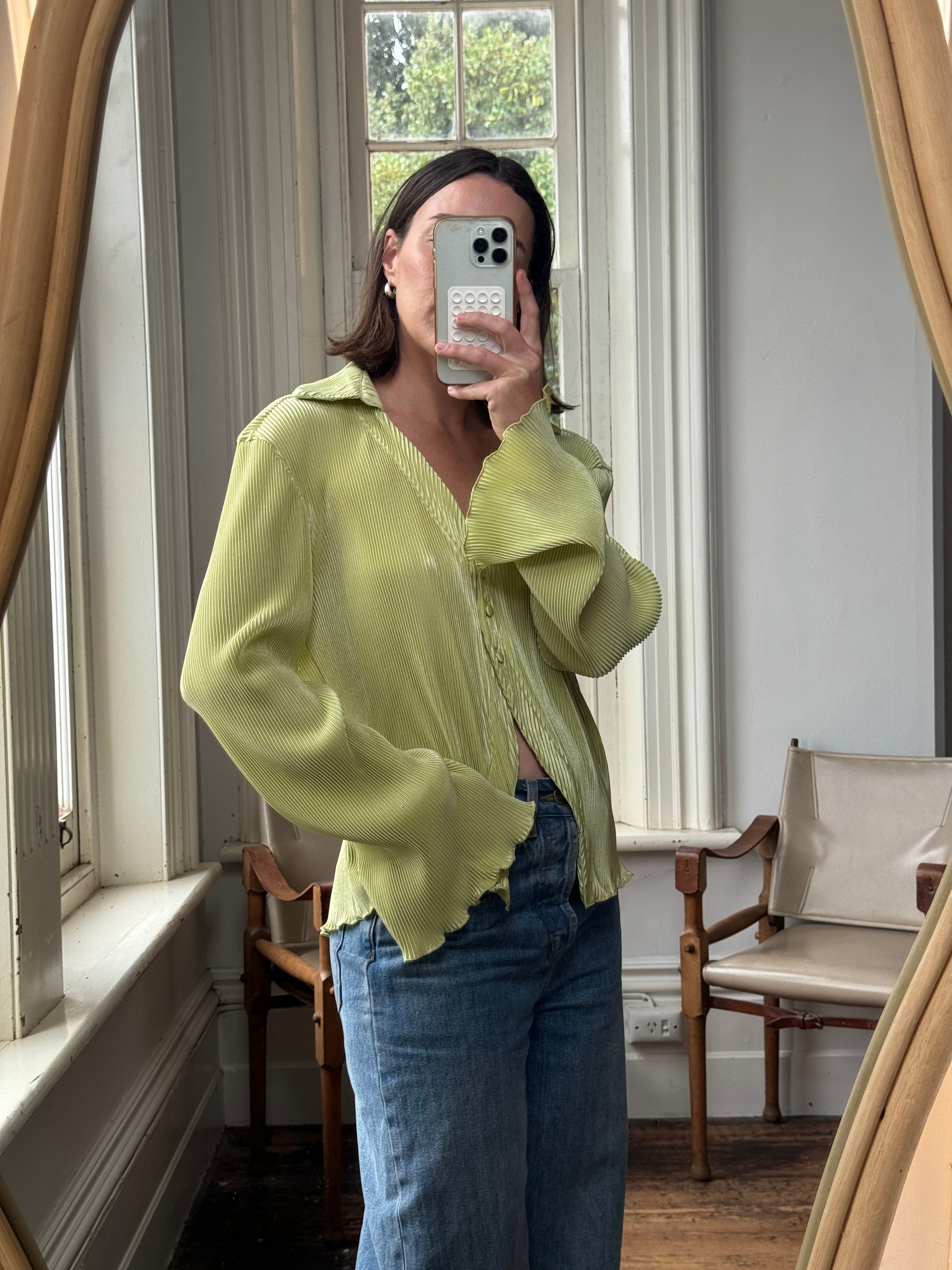 Vintage 90s Lime Pleated Button Up Blouse