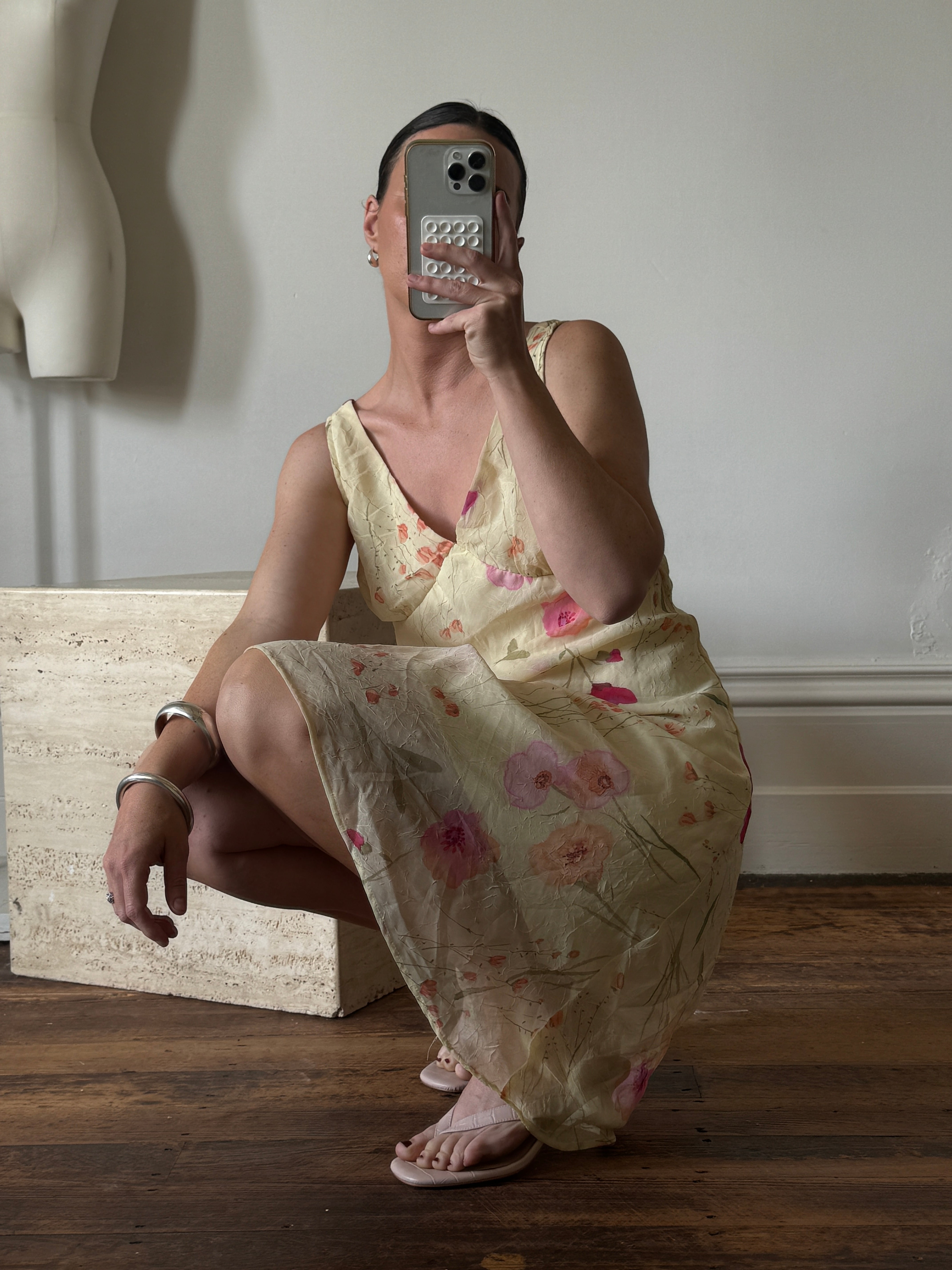 Vintage 90s Butter Yellow Floral Crinkle Sundress