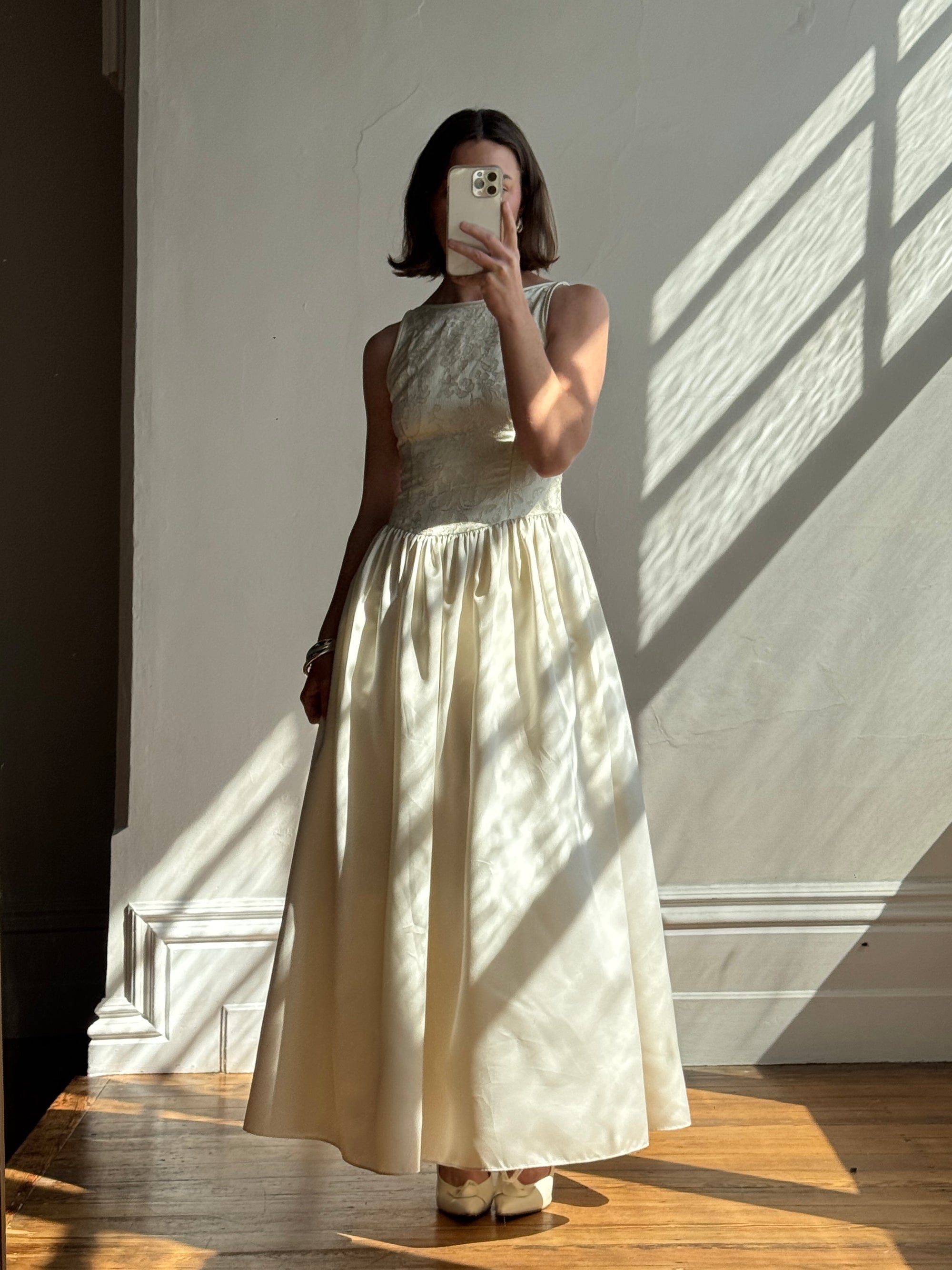 Vintage 90s Brocade High Front Satin Wedding Gown Champagne