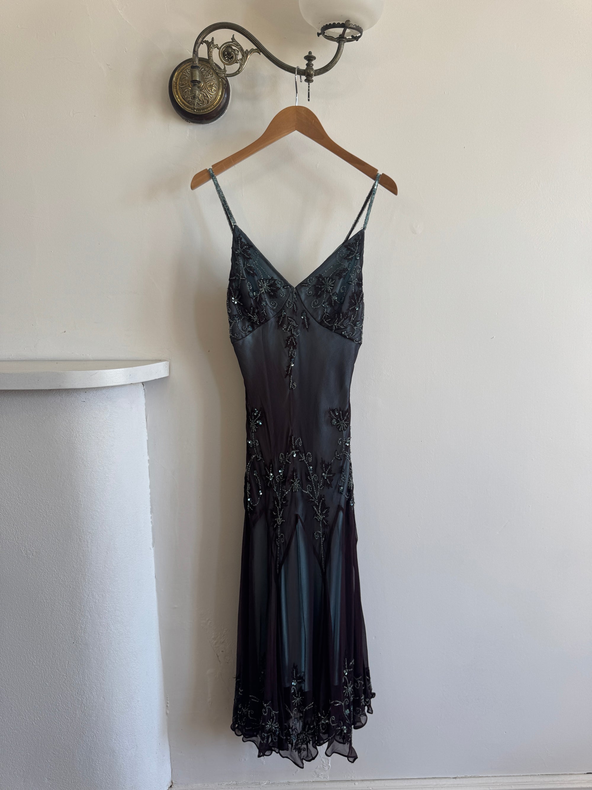 Vintage 90s Indigo Pure Silk Beaded Dress