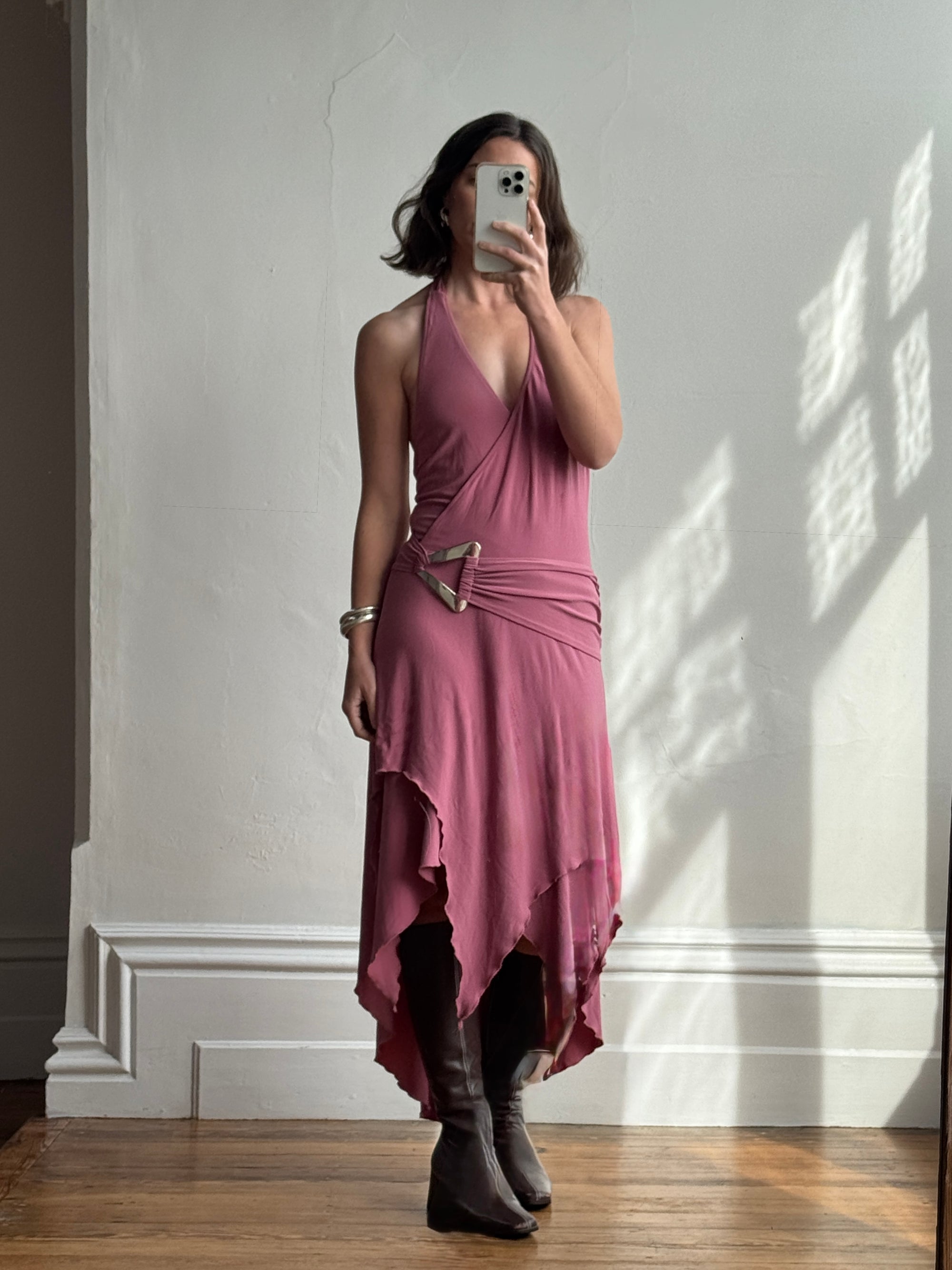 Vintage Y2K Australian Made Dusty Pink Jersey Dress With Silver Buckle