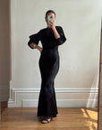 Vintage 30s Black Satin Backless ZigZag Fishtail Dress