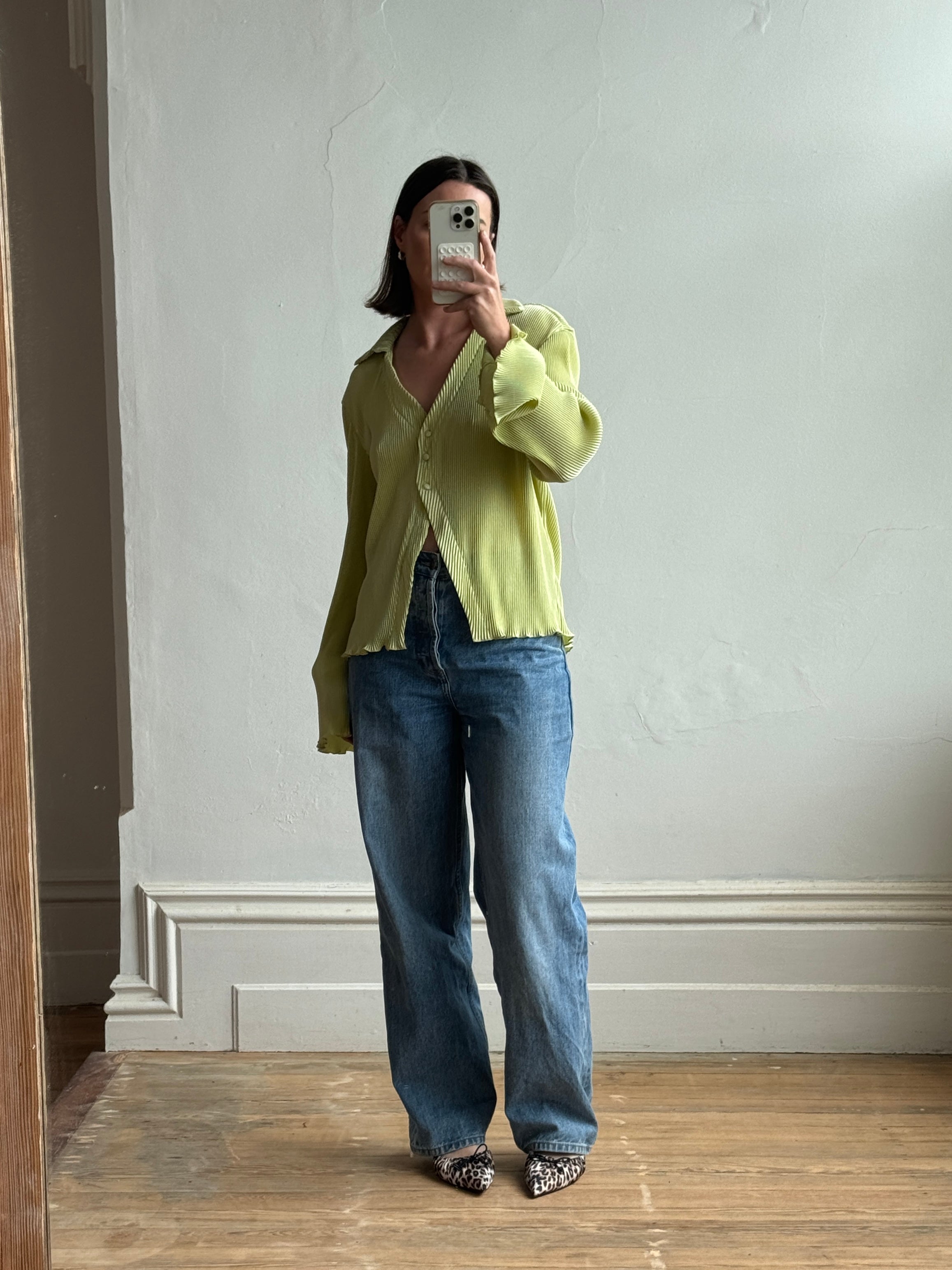 Vintage 90s Lime Pleated Button Up Blouse