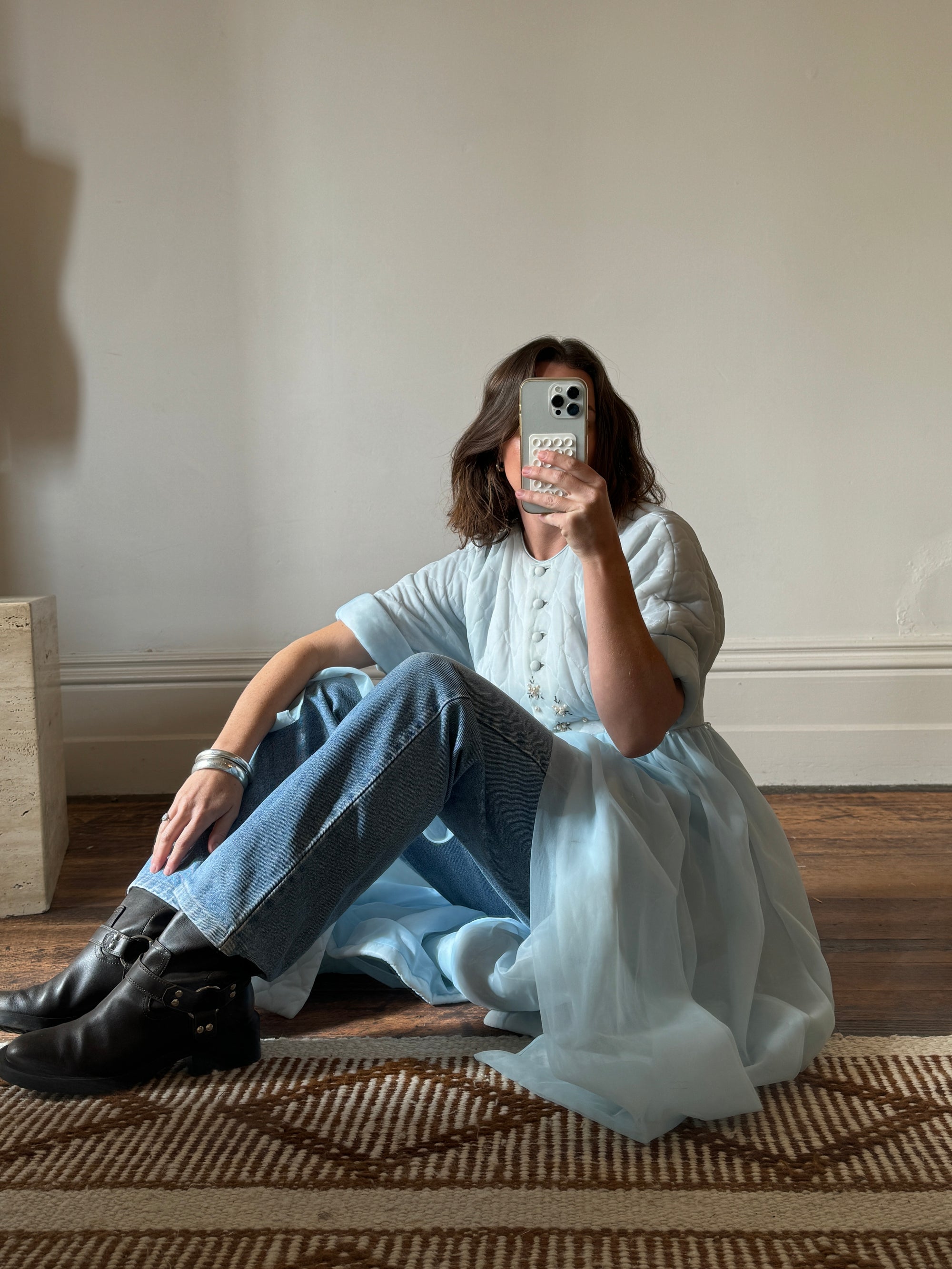 Vintage 50s Quilted Dress With Beading Baby Blue