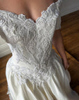 Vintage 90s Embellished Off Shoulder Satin Wedding Gown