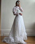Vintage 70s Puff Sleeve Organza Ruffle Wedding Gown
