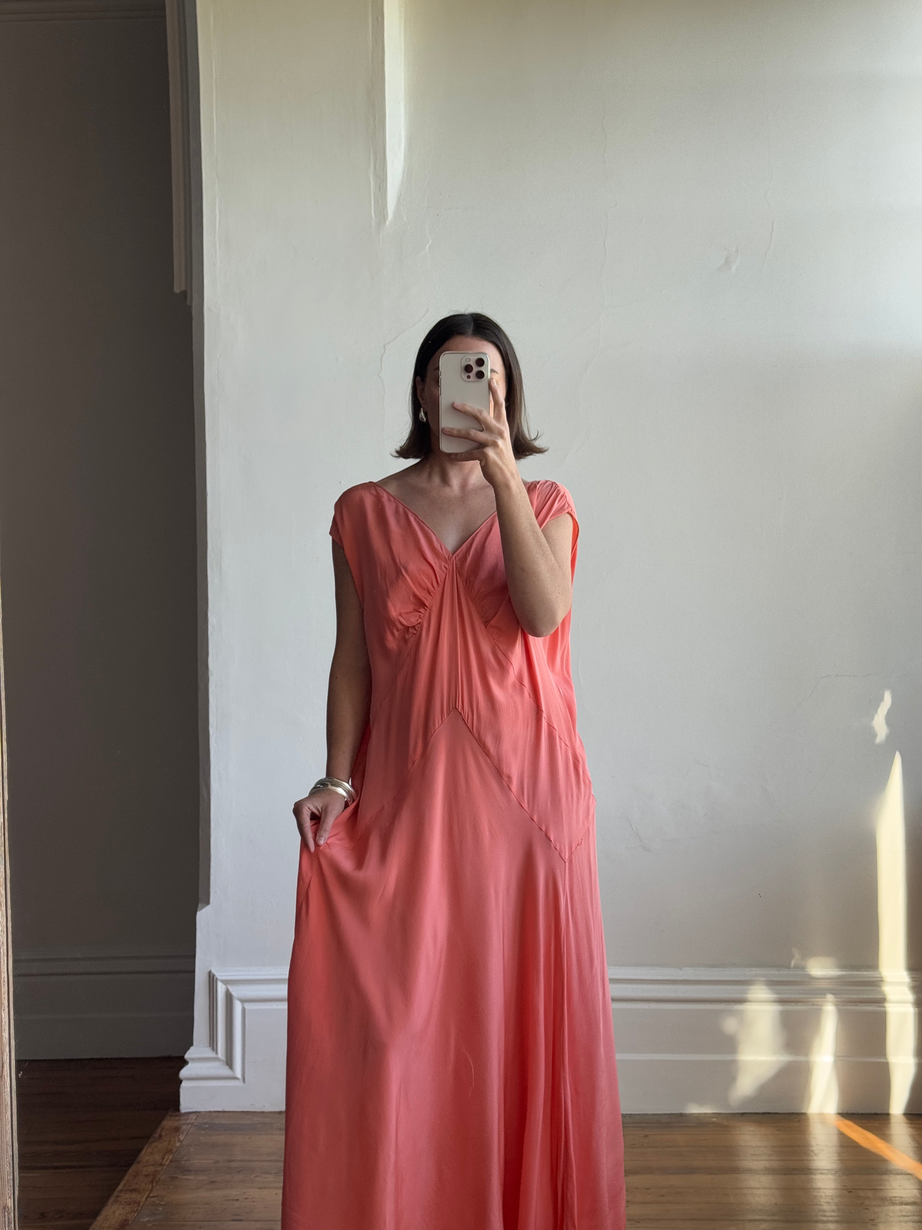 Vintage 30s Plus Size Art Deco Slip Dress Coral