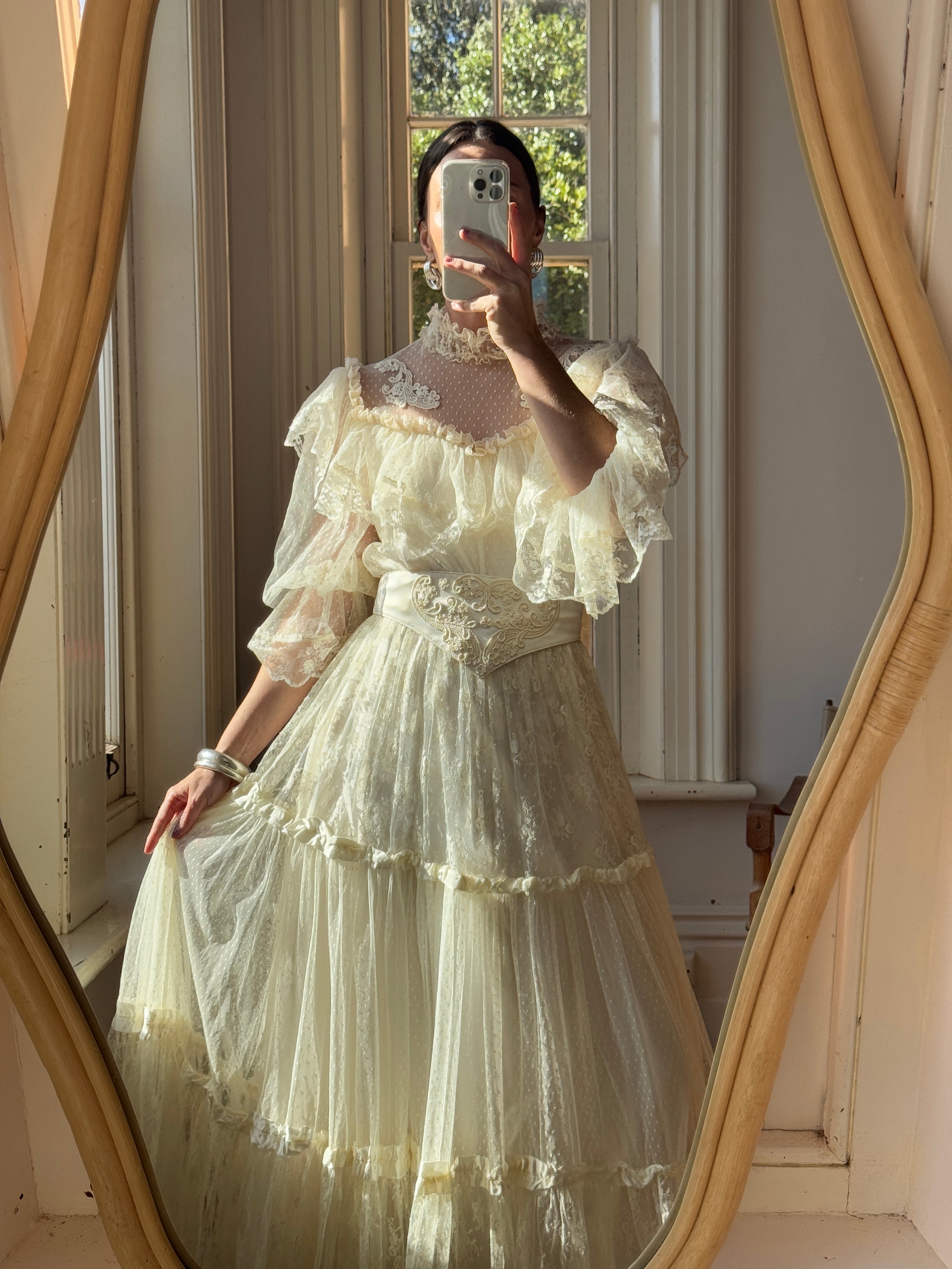 Vintage 70s Prairie Lace Wedding Gown with Beaded Basque Waist Belt