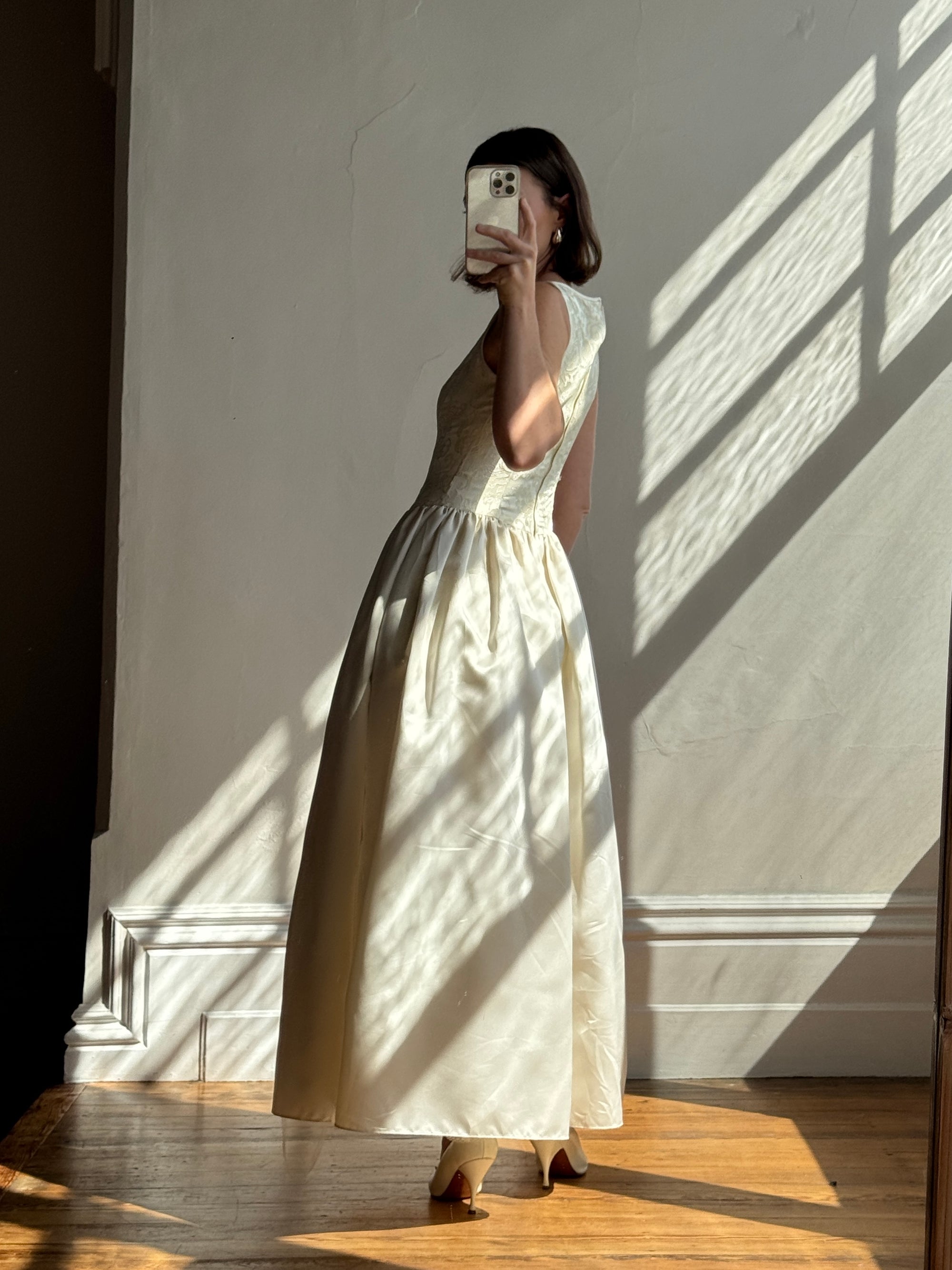 Vintage 90s Brocade High Front Satin Wedding Gown Champagne