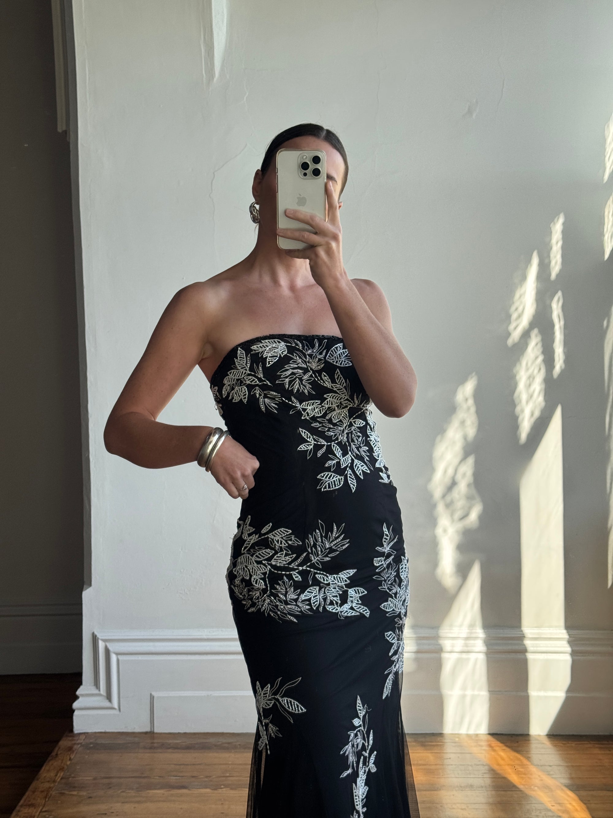Vintage 90s Embroidered Net Strapless Dress Noir and White