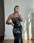 Vintage 90s Embroidered Net Strapless Dress Noir and White