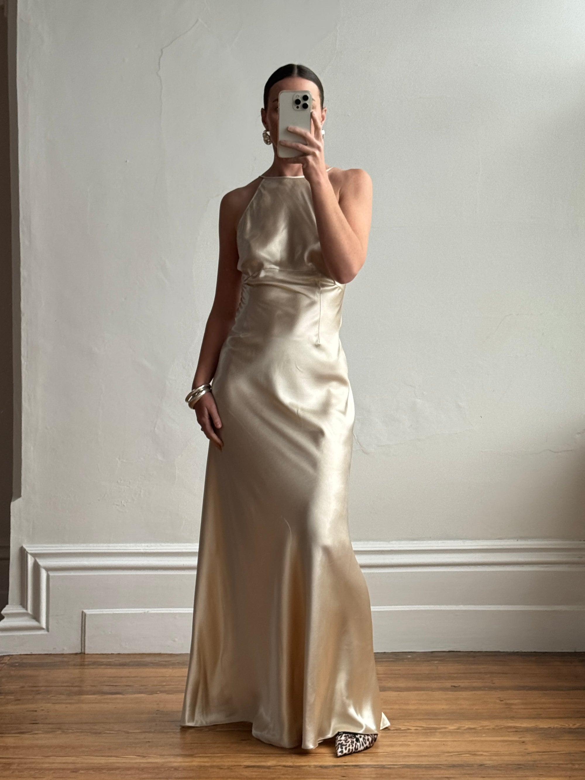 Vintage 90s Plein Sud Champagne Satin Halter Gown