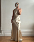 Vintage 90s Plein Sud Champagne Satin Halter Gown
