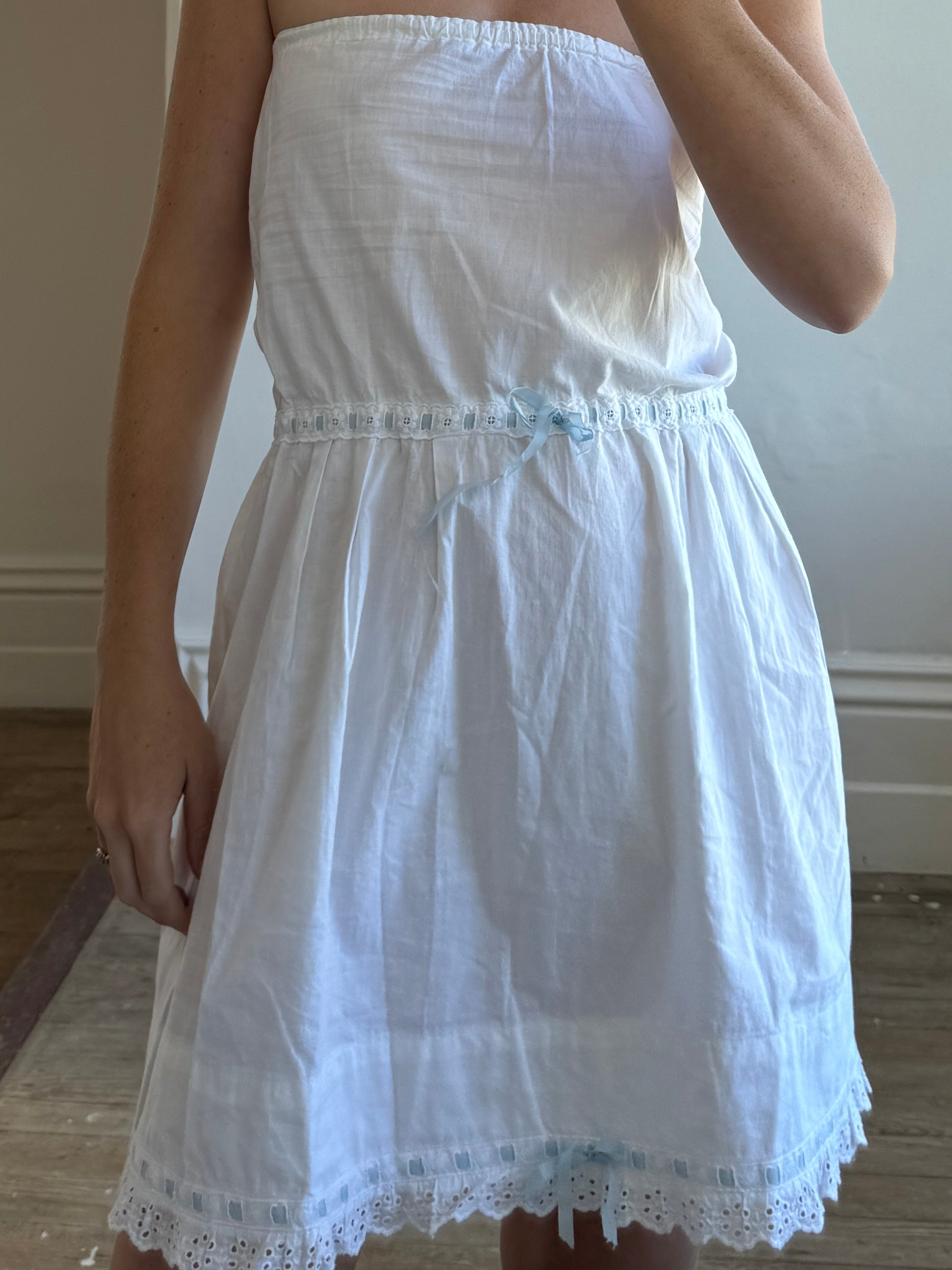 Vintage Cotton Petticoat Dress with Blue Ribbon