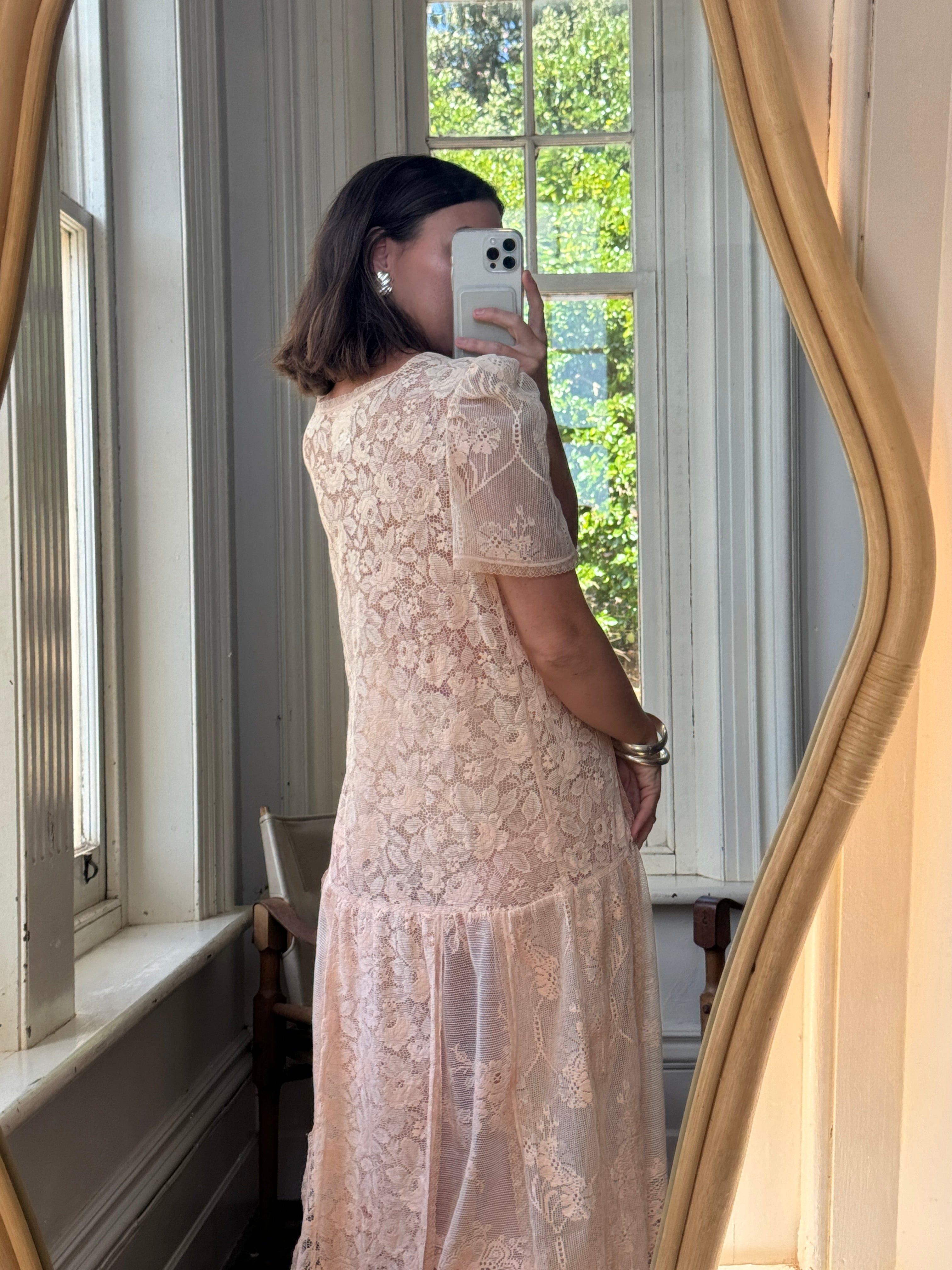 Vintage 70s Peach Cotton Lace Drop Waist Dress