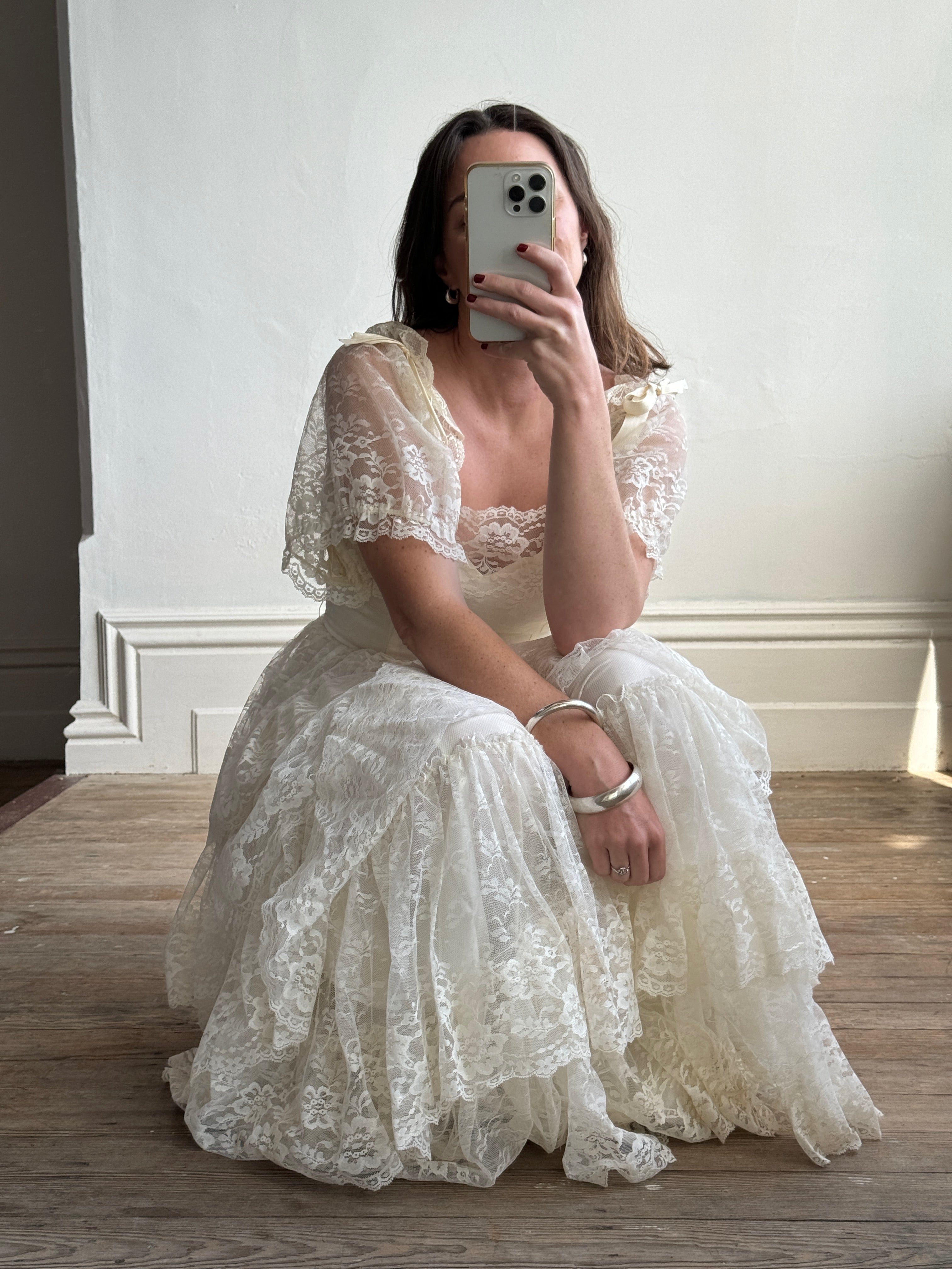 Vintage 70s Tiered Lace Wedding Dress With Bows