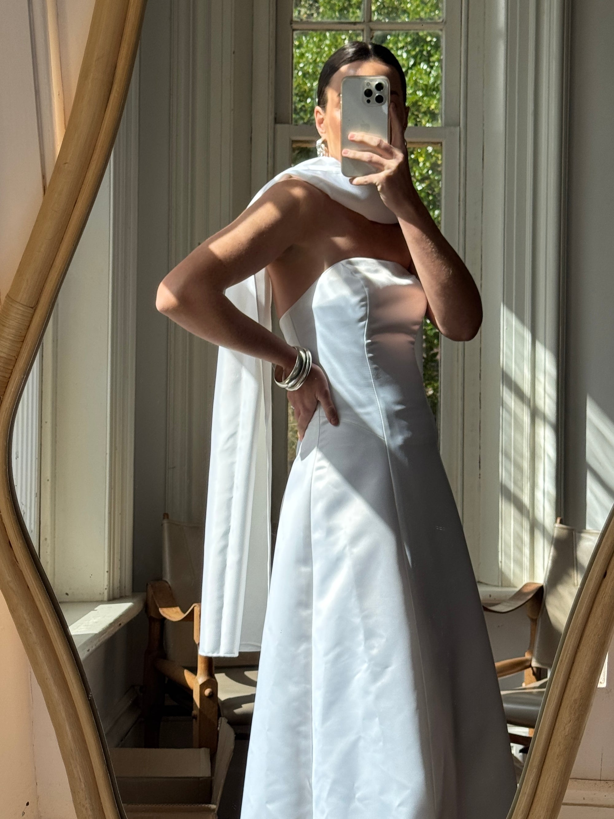 Vintage 90s A-Line Strapless Satin Wedding Dress with Shawl
