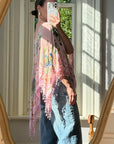 Vintage 90s Pink Floral Beaded Fringe Poncho