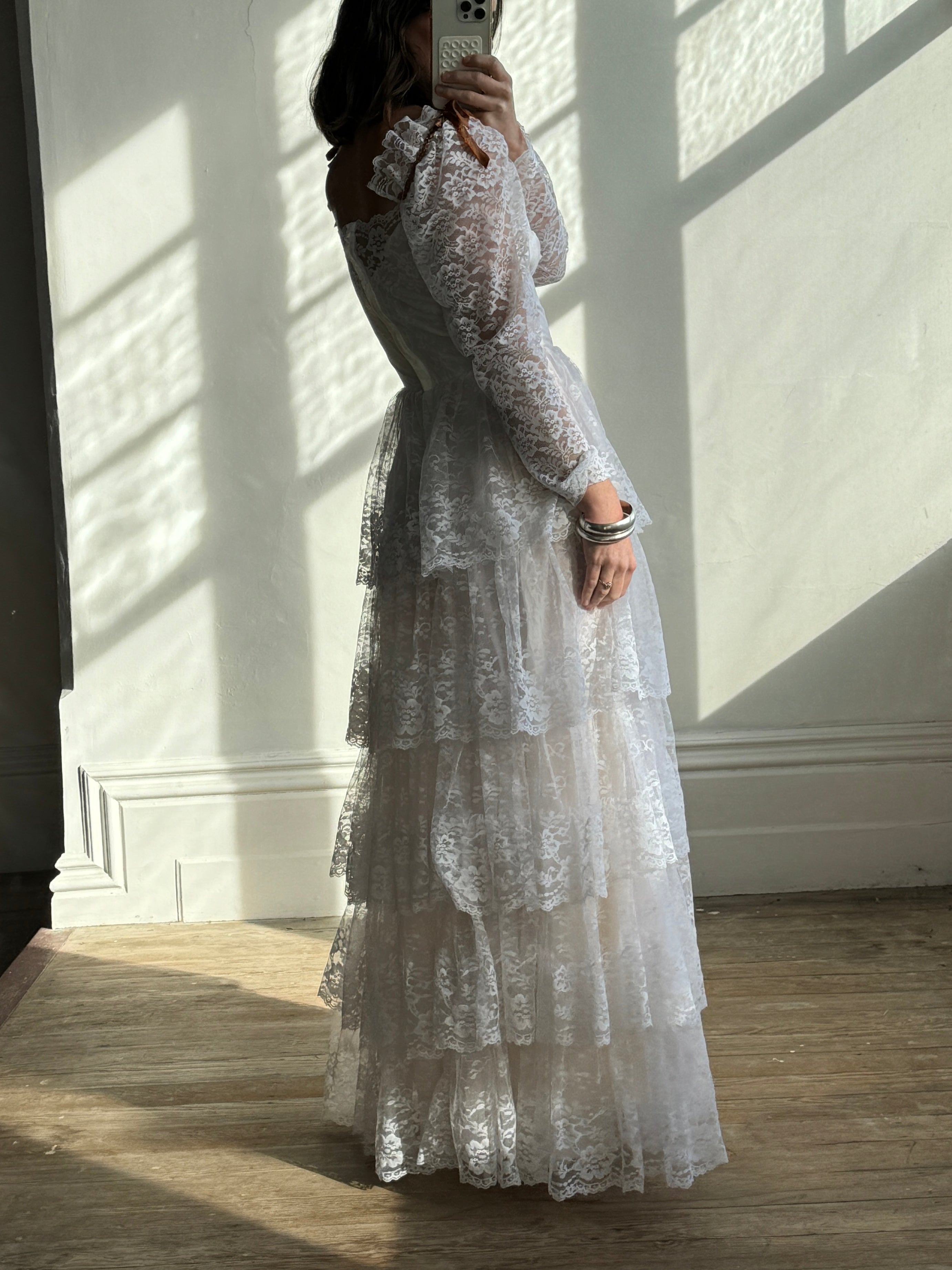 Vintage 70s Tiered Lace Wedding Dress with Brown Floral Embroidery